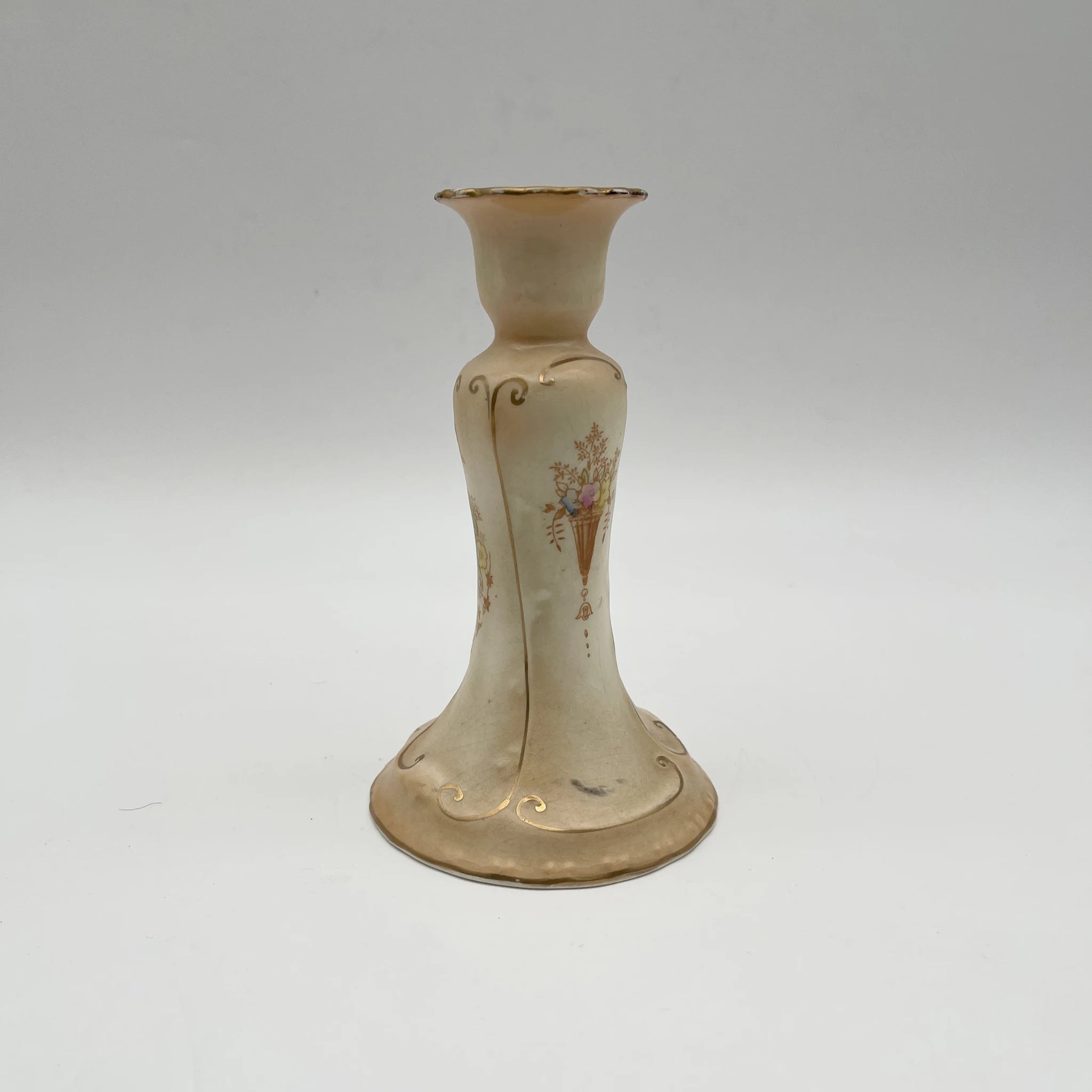 【アンティーク】 キャンドルスタンド (燭台) / Crown Devon (クラウンデボン) / 1910-1920年代 (推定) / 陶器 / イギリス / 銅板転写, 手彩色 金彩