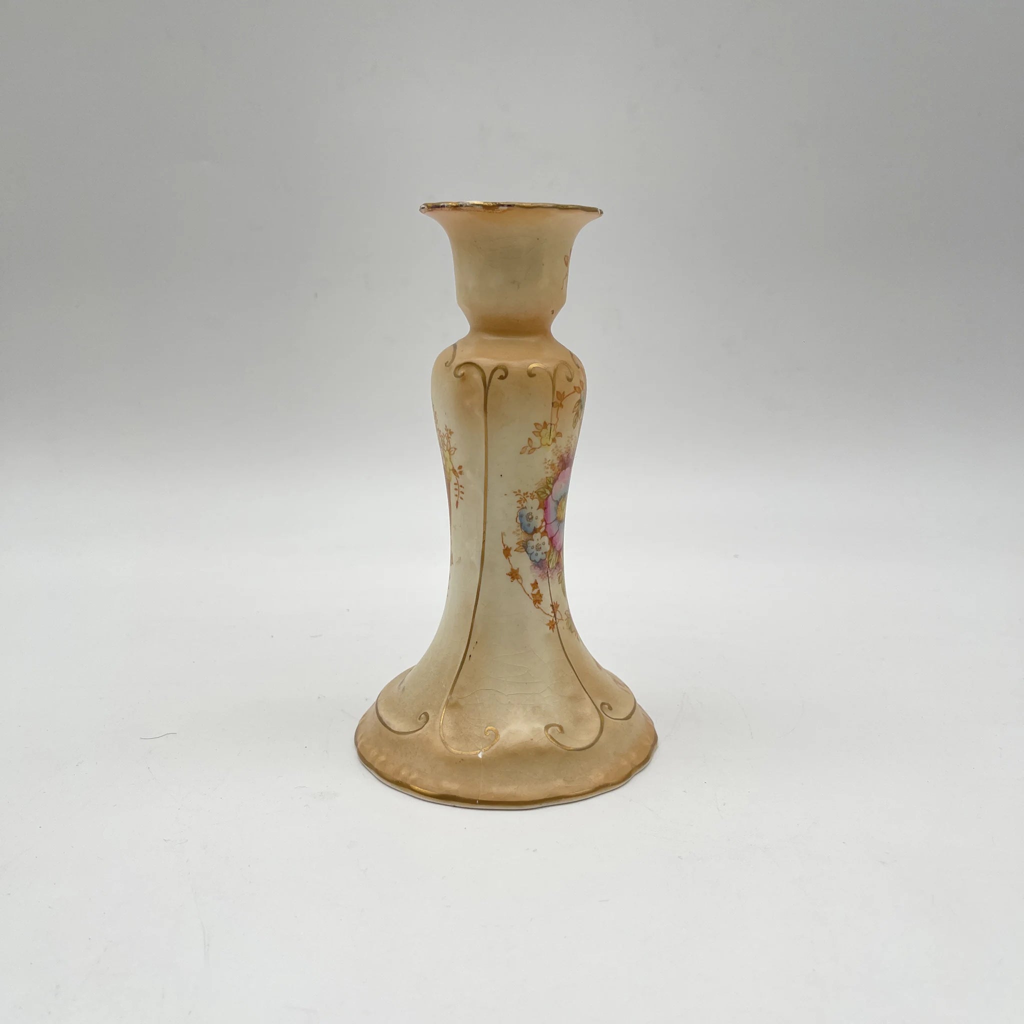 【アンティーク】 キャンドルスタンド (燭台) / Crown Devon (クラウンデボン) / 1910-1920年代 (推定) / 陶器 / イギリス / 銅板転写, 手彩色 金彩