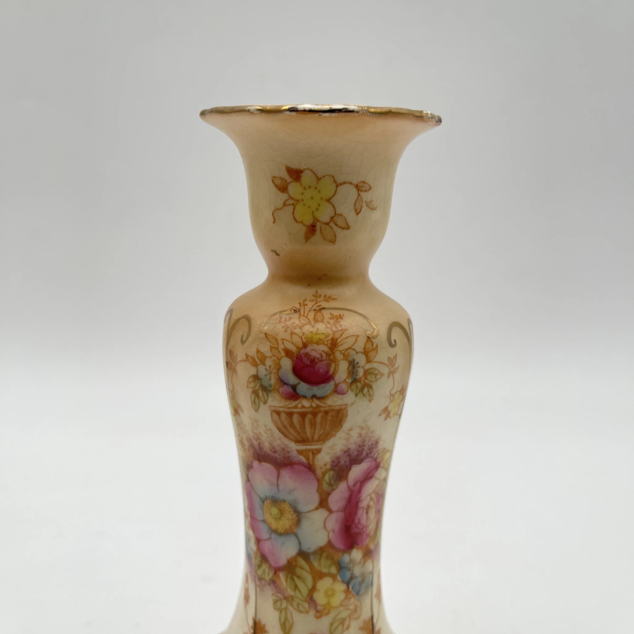 【アンティーク】 キャンドルスタンド (燭台) / Crown Devon (クラウンデボン) / 1910-1920年代 (推定) / 陶器 / イギリス / 銅板転写, 手彩色 金彩