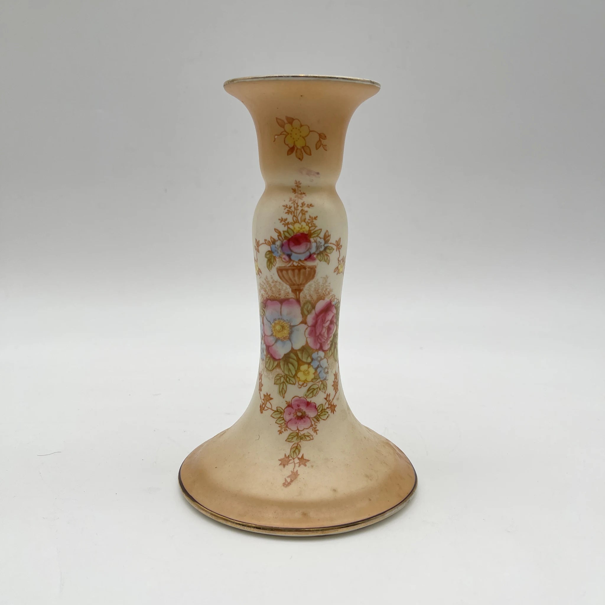 【アンティーク】 キャンドルスタンド (燭台) / Crown Devon (クラウンデボン) / 1910-1920年代 (推定) / 陶器 / イギリス / 銅板転写, 手彩色 金彩