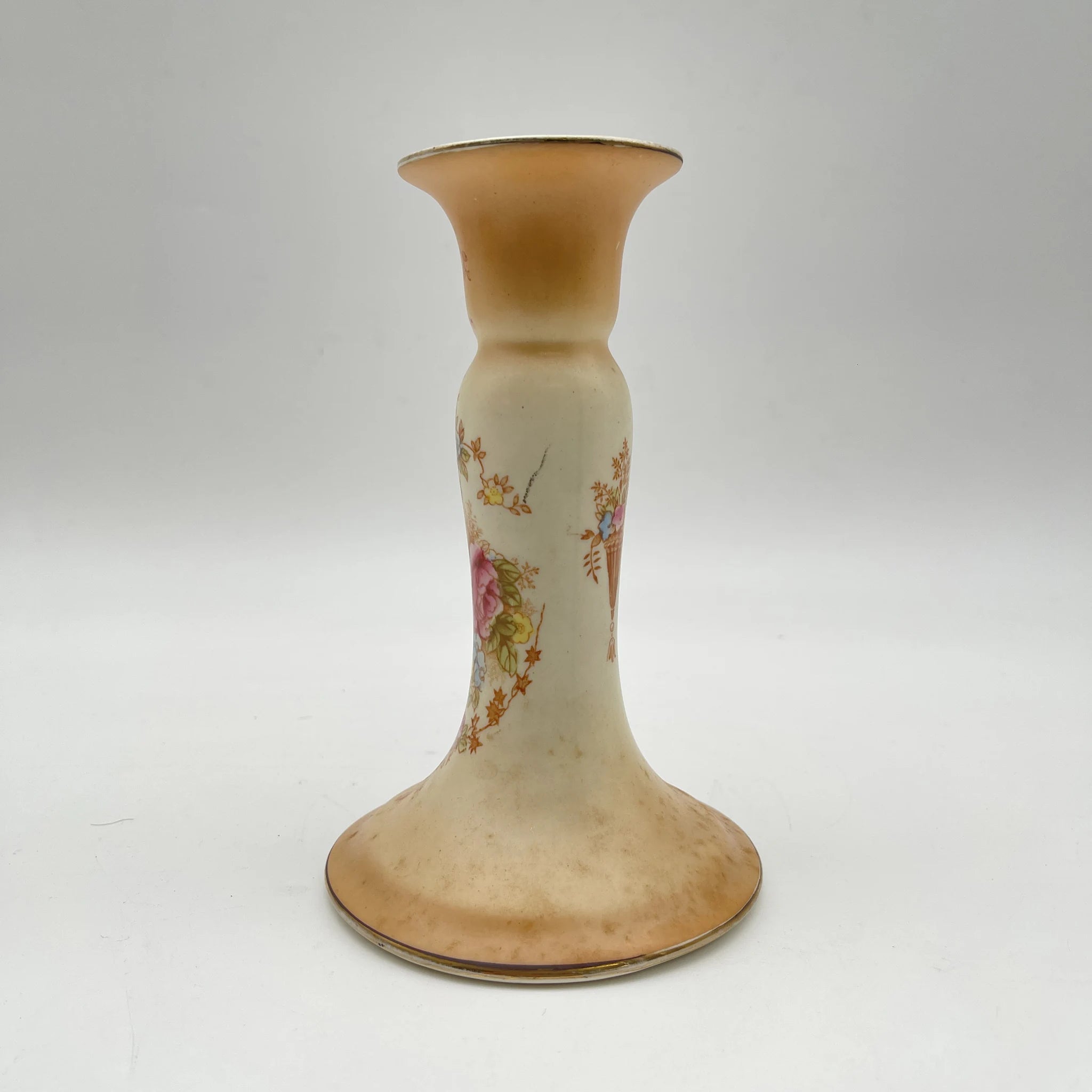 【アンティーク】 キャンドルスタンド (燭台) / Crown Devon (クラウンデボン) / 1910-1920年代 (推定) / 陶器 / イギリス / 銅板転写, 手彩色 金彩