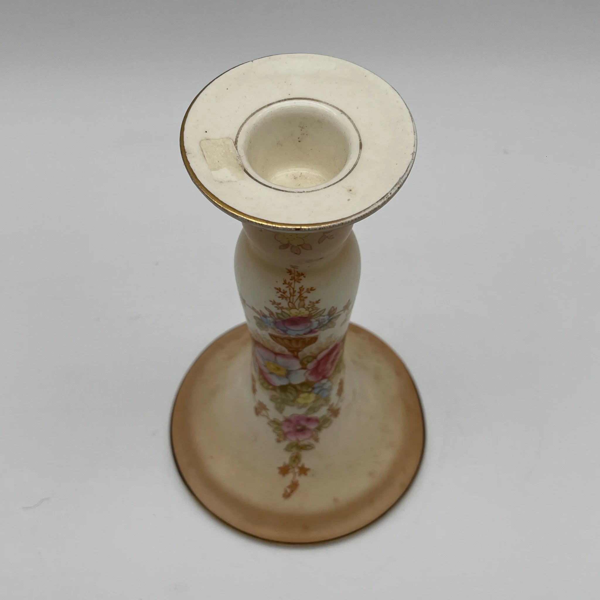 【アンティーク】 キャンドルスタンド (燭台) / Crown Devon (クラウンデボン) / 1910-1920年代 (推定) / 陶器 / イギリス / 銅板転写, 手彩色 金彩