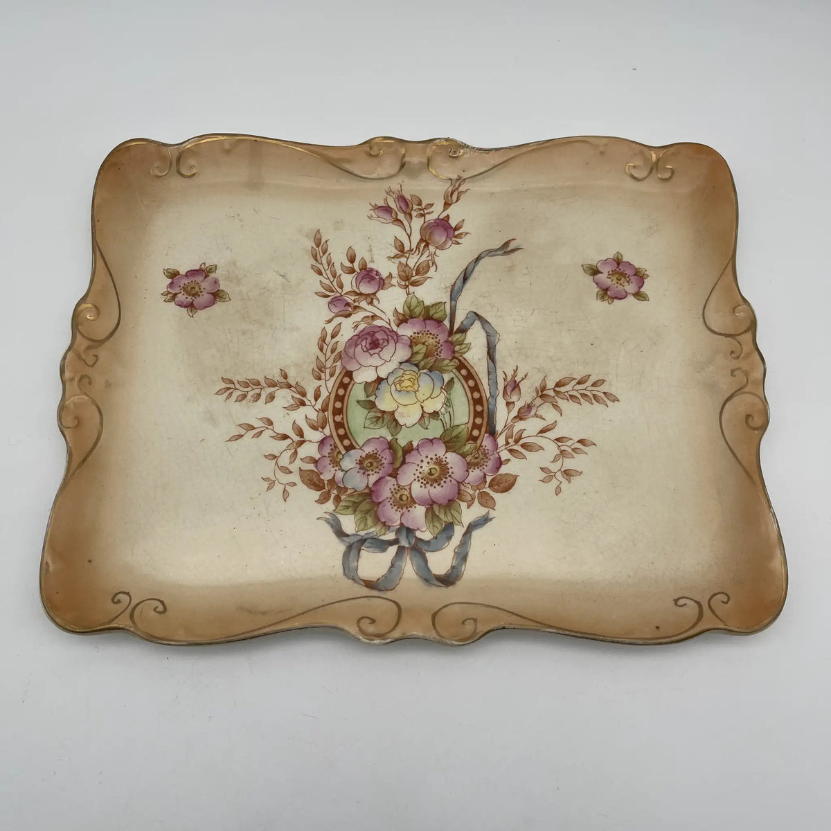Crown Devon / Square plate / 1910-1920s / Pottery / England / Hand painted, floral pattern, British antique, retro, gold mining / [Antique]