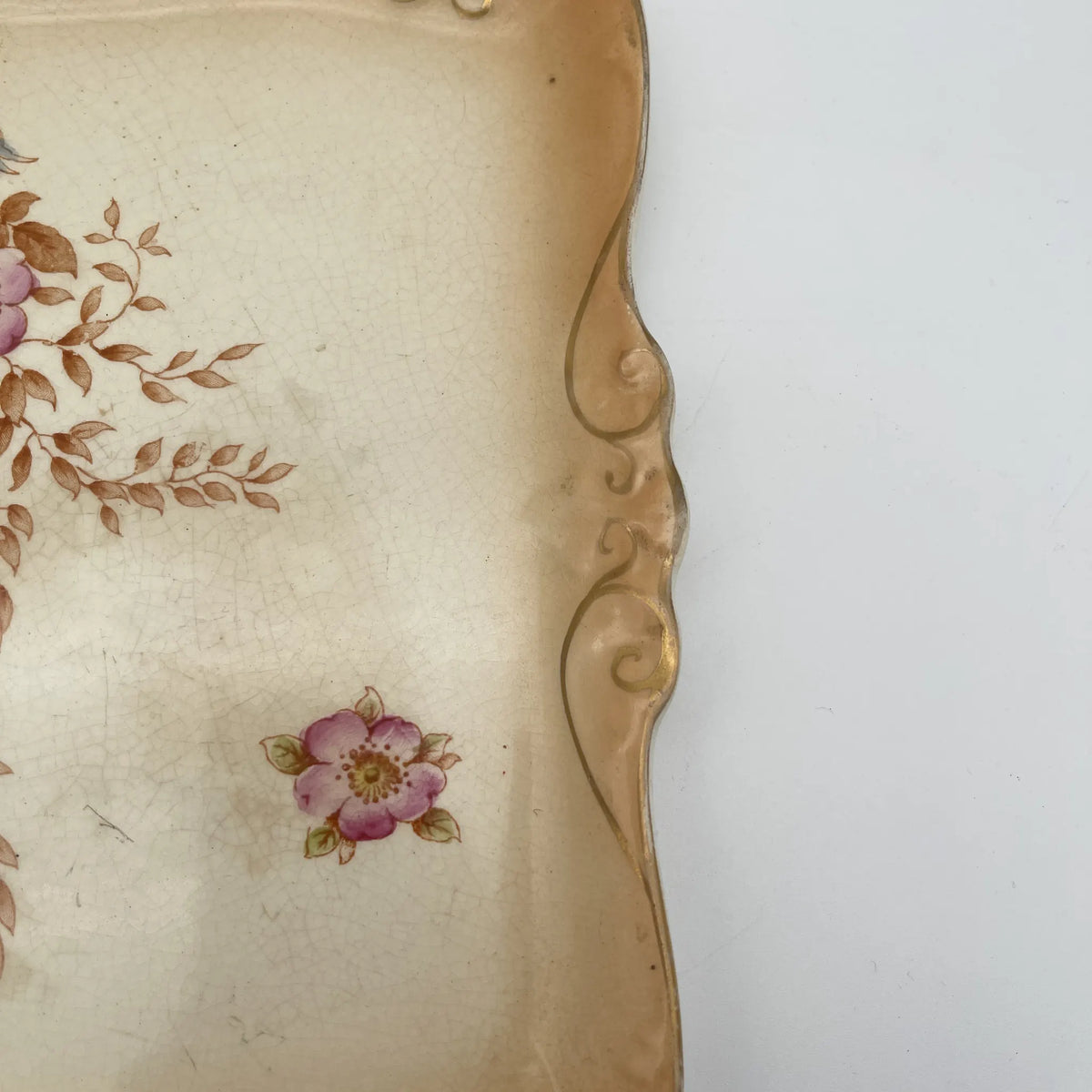 Crown Devon / Square plate / 1910-1920s / Pottery / England / Hand painted, floral pattern, British antique, retro, gold mining / [Antique]