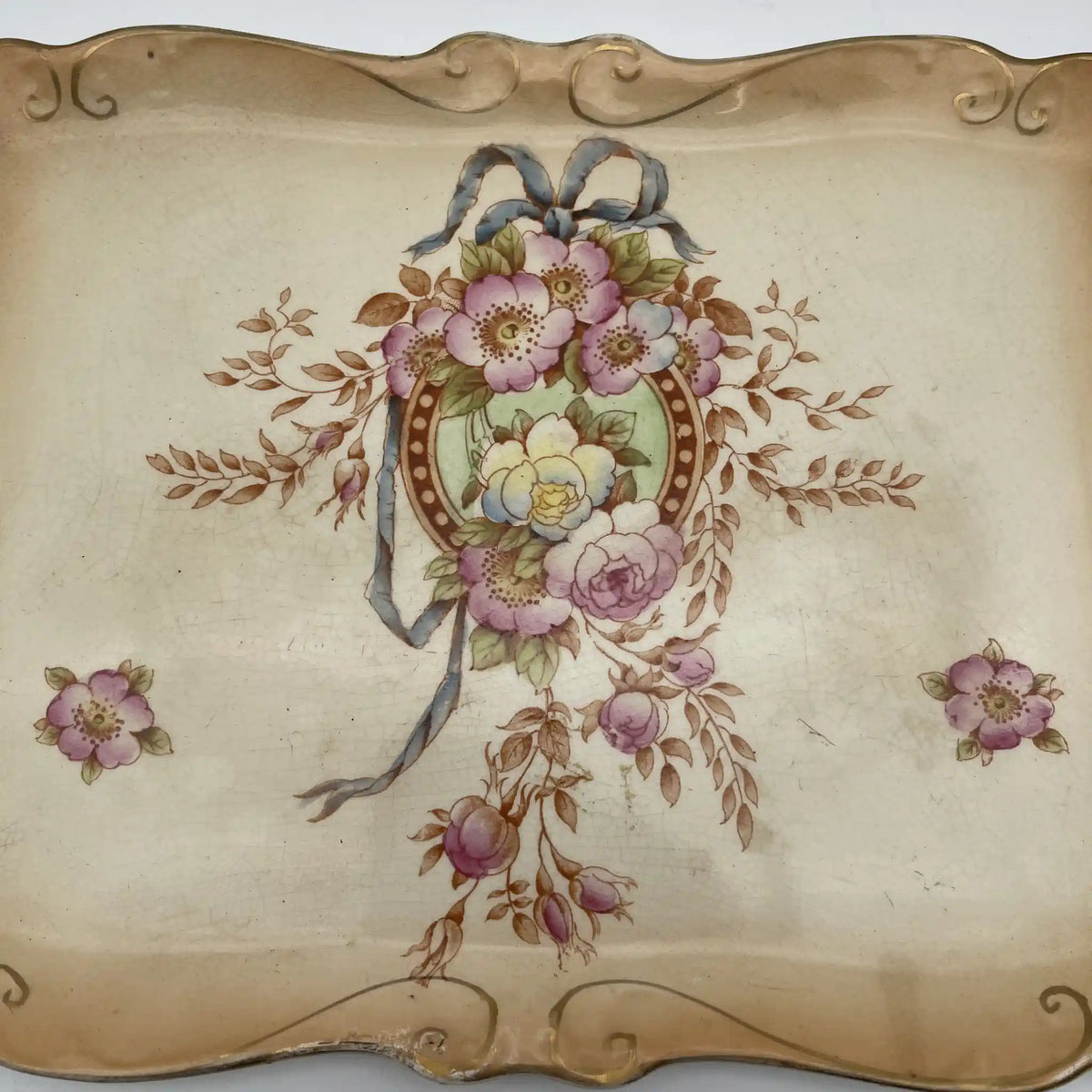 Crown Devon / Square plate / 1910-1920s / Pottery / England / Hand painted, floral pattern, British antique, retro, gold mining / [Antique]