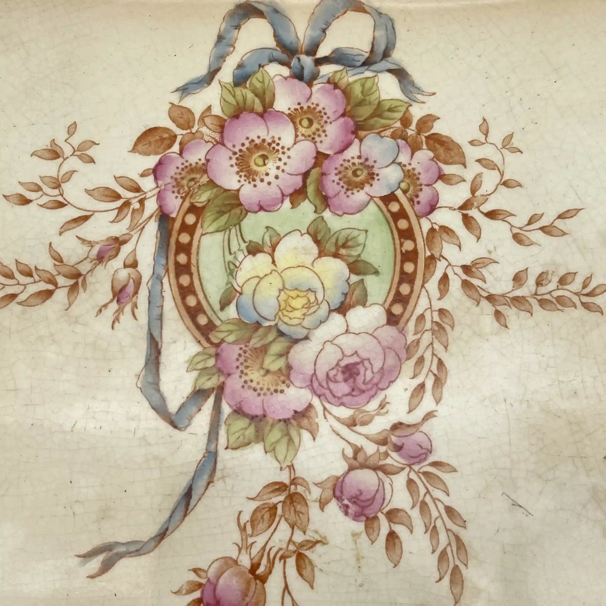Crown Devon / Square plate / 1910-1920s / Pottery / England / Hand painted, floral pattern, British antique, retro, gold mining / [Antique]