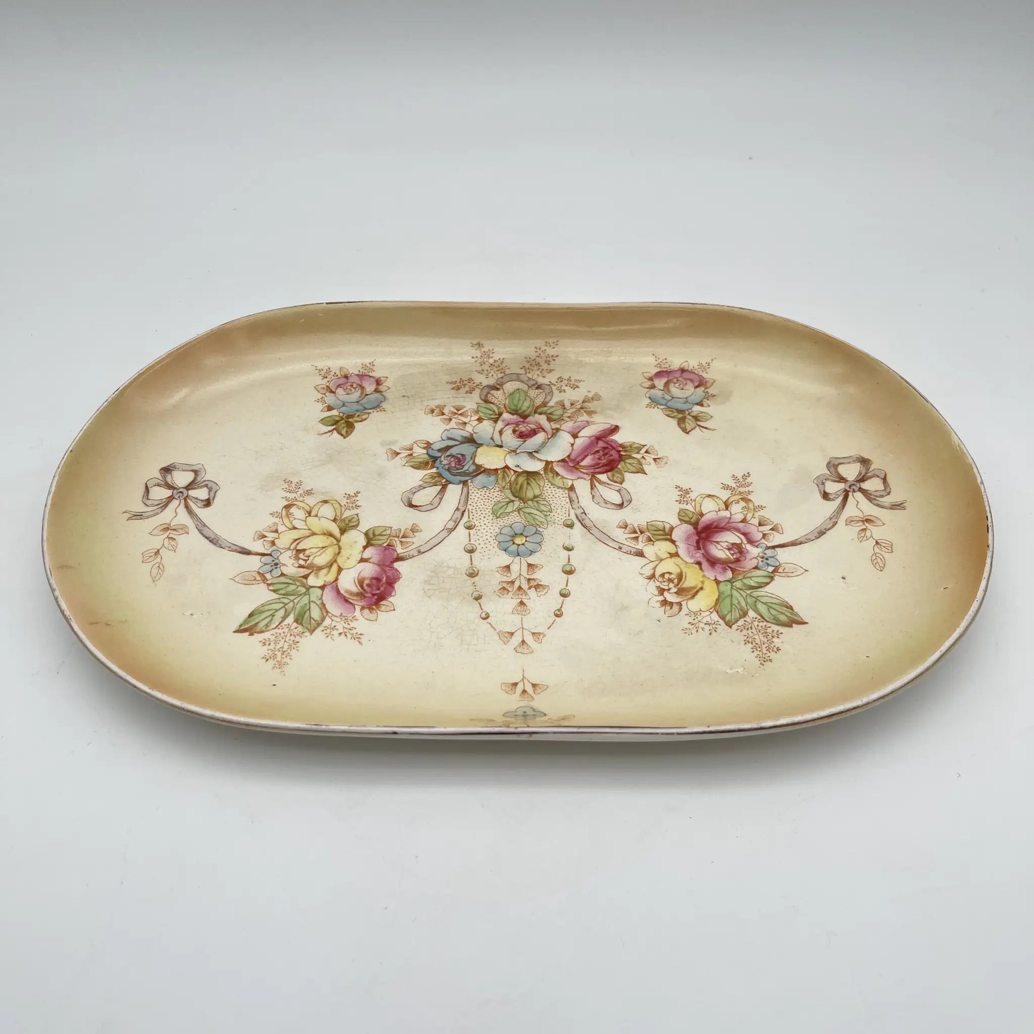 【アンティーク】 サービングプレート (大皿) / Crown Devon (クラウンデボン) / Etna / 1890-1910年代 / 陶器 / イギリス / 銅板転写, 手彩色 金彩