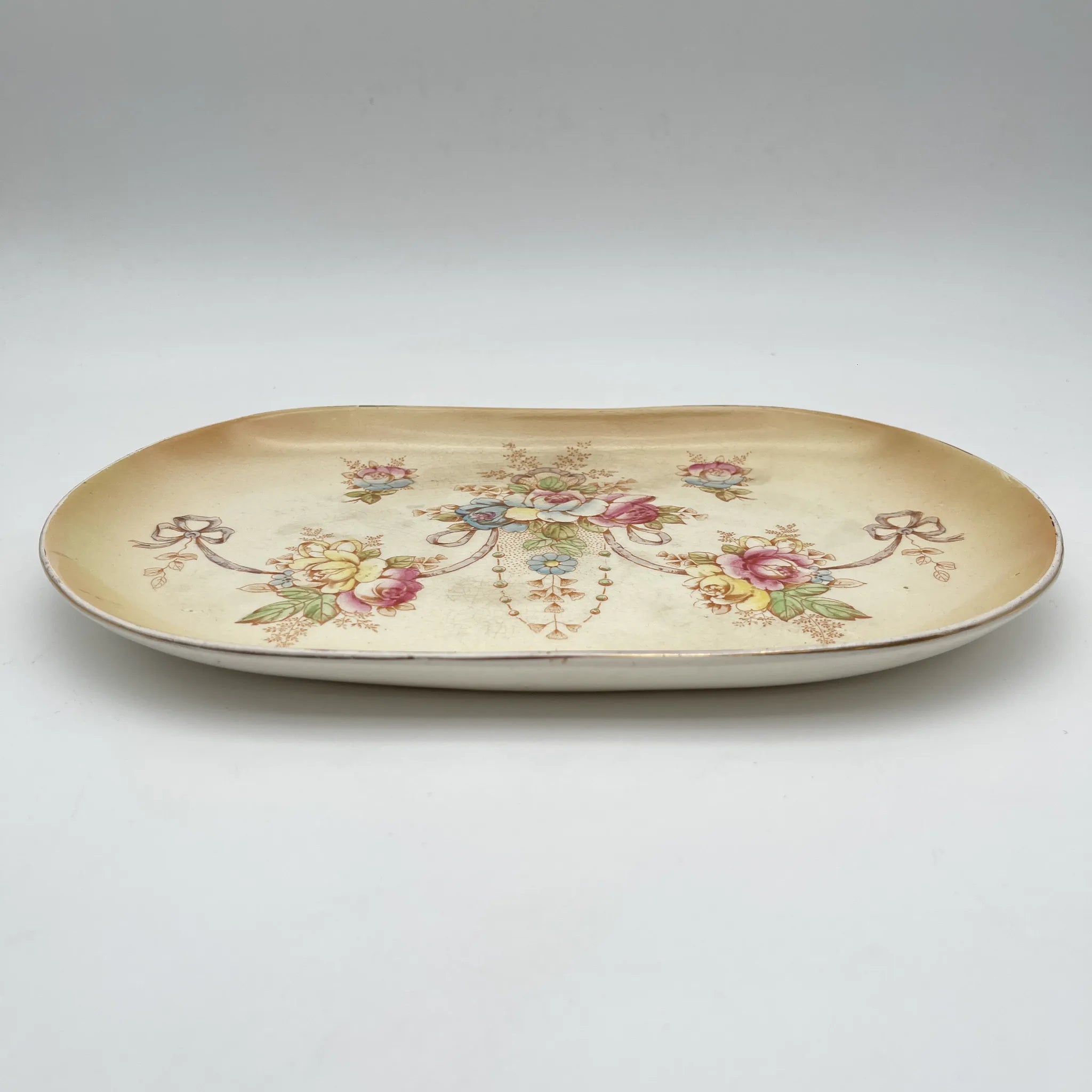【アンティーク】 サービングプレート (大皿) / Crown Devon (クラウンデボン) / Etna / 1890-1910年代 / 陶器 / イギリス / 銅板転写, 手彩色 金彩