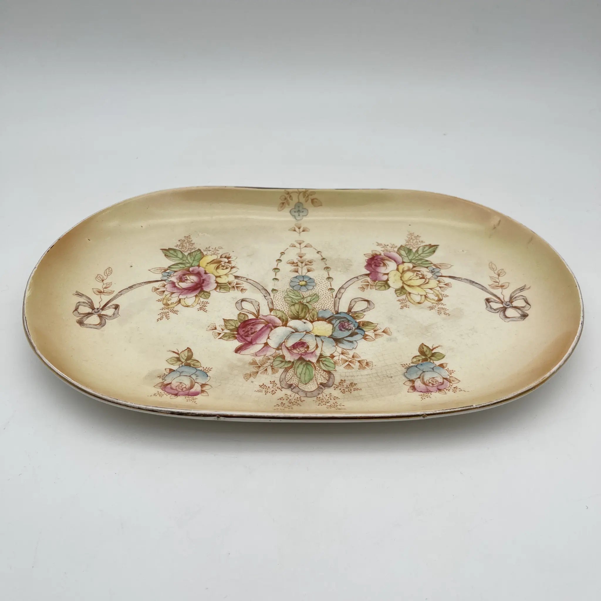 [Antique] Serving plate (platter) / Crown Devon / Etna / 1890-1910s / Pottery / England / Copper plate transfer, hand-colored gold