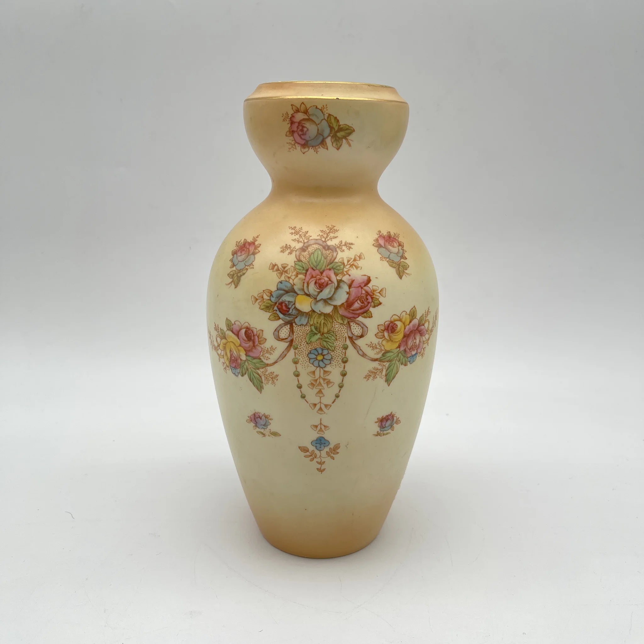 【アンティーク】 フラワーベース (花瓶) / Crown Devon (クラウンデボン) / Wye / 1910年代 / 陶器 / イギリス / 銅板転写, 手彩色 金彩