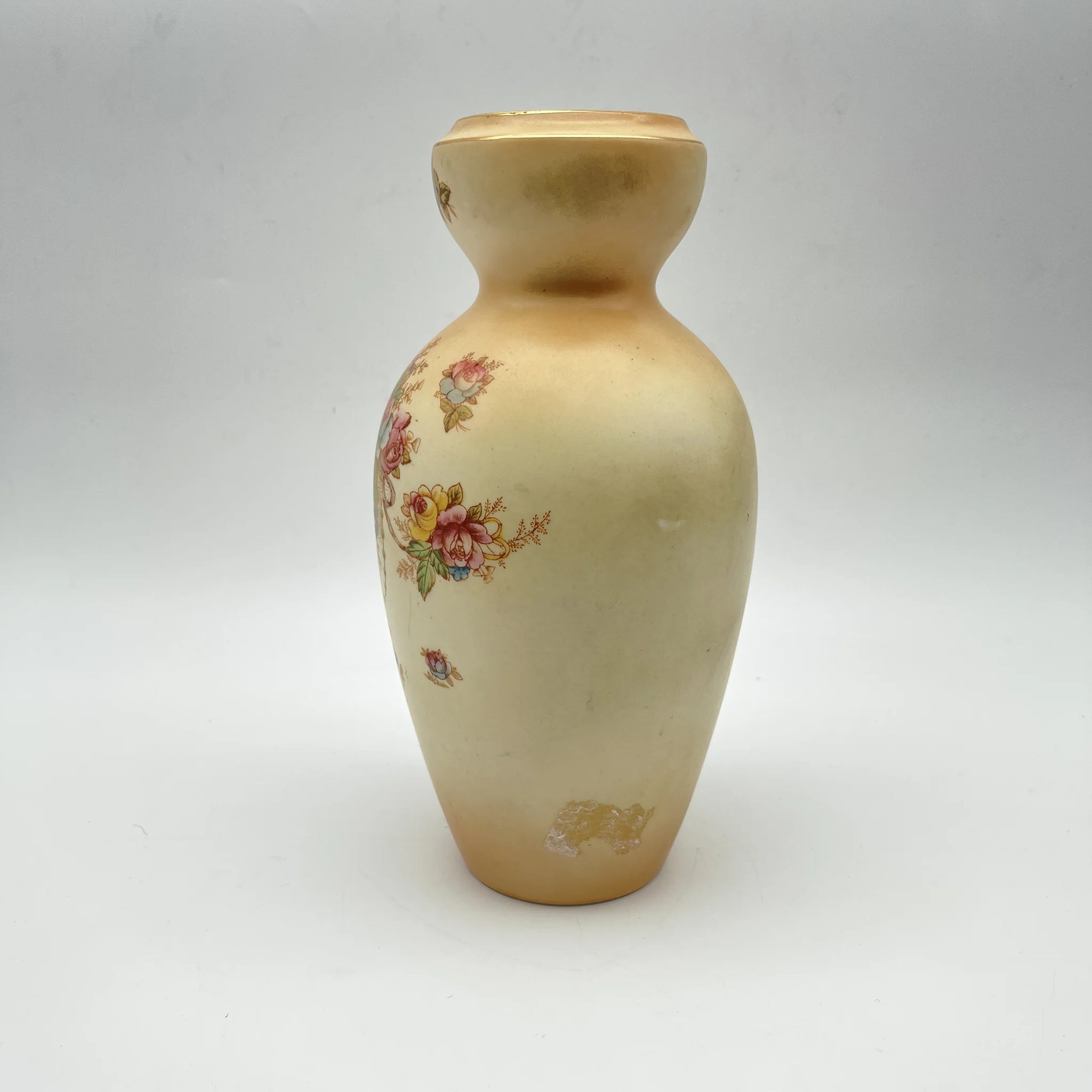 【アンティーク】 フラワーベース (花瓶) / Crown Devon (クラウンデボン) / Wye / 1910年代 / 陶器 / イギリス / 銅板転写, 手彩色 金彩