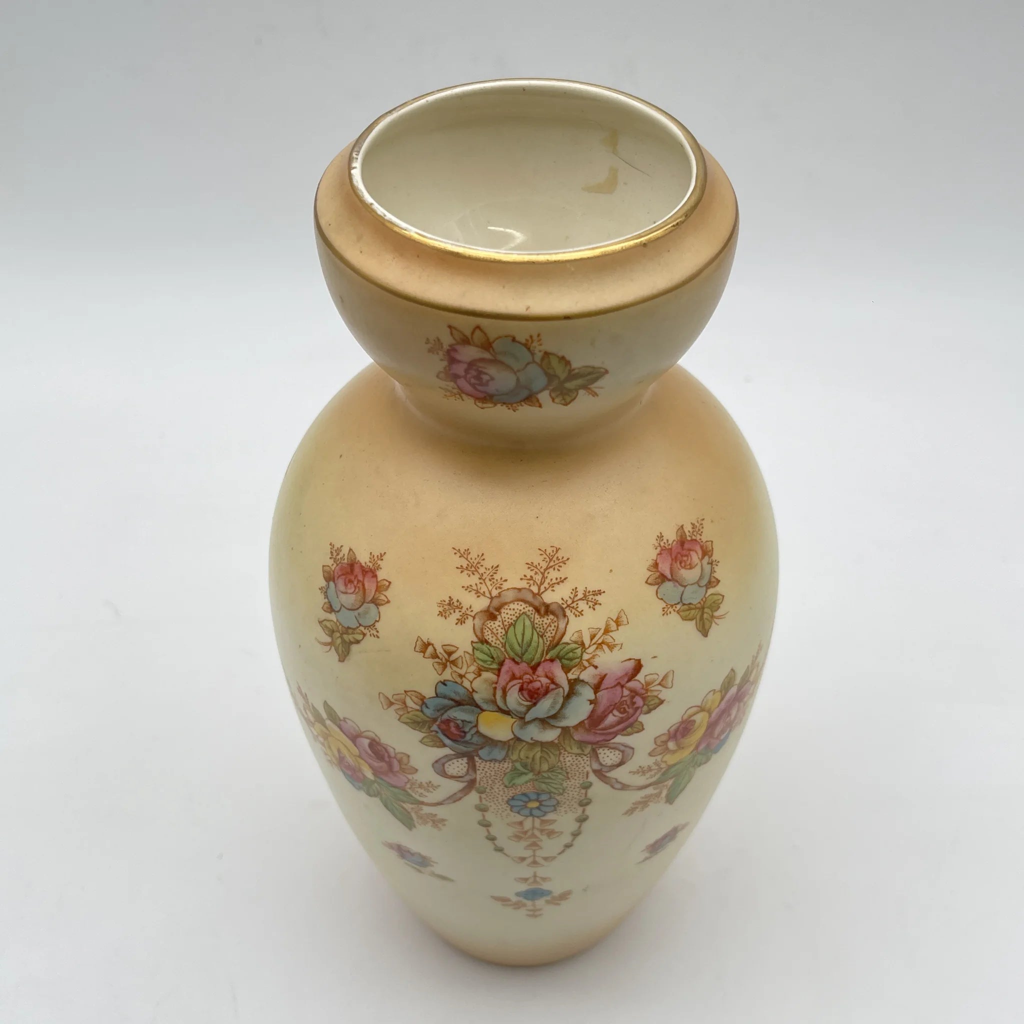 【アンティーク】 フラワーベース (花瓶) / Crown Devon (クラウンデボン) / Wye / 1910年代 / 陶器 / イギリス / 銅板転写, 手彩色 金彩