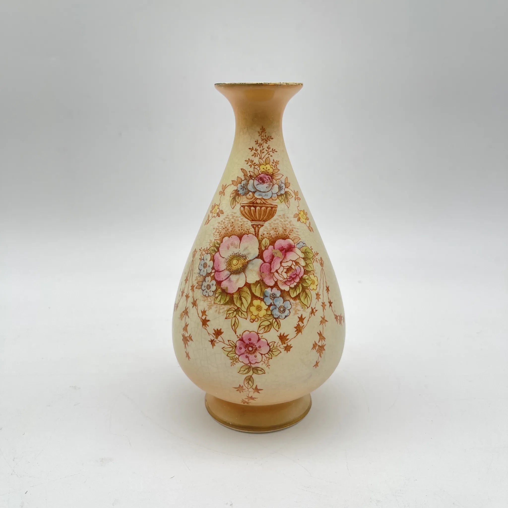 【アンティーク】 フラワーベース (花瓶) / Crown Devon (クラウンデボン) / Spring / 1910-1920年代 / 陶器 / イギリス / 銅板転写, 手彩色 金彩