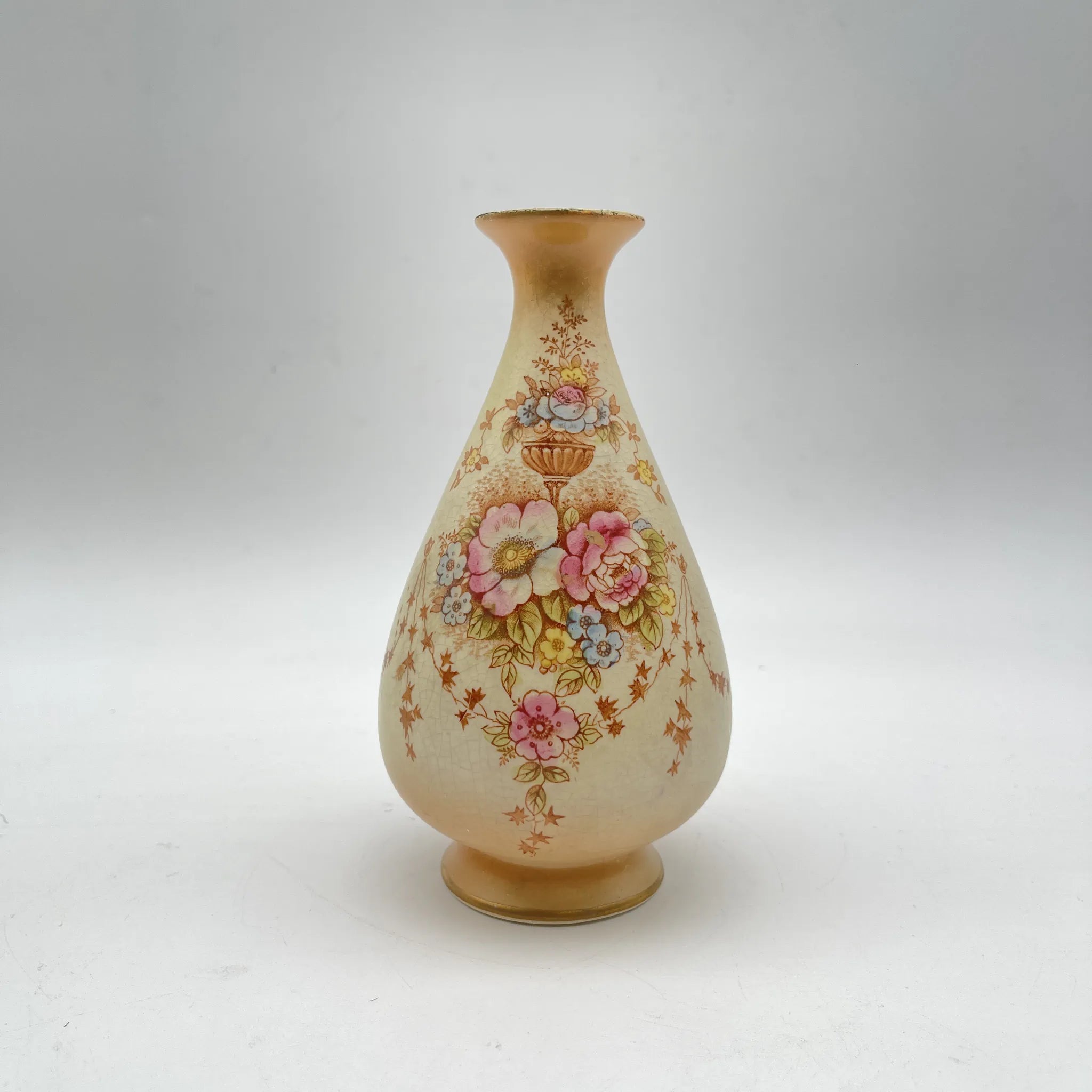 【アンティーク】 フラワーベース (花瓶) / Crown Devon (クラウンデボン) / Spring / 1910-1920年代 / 陶器 / イギリス / 銅板転写, 手彩色 金彩