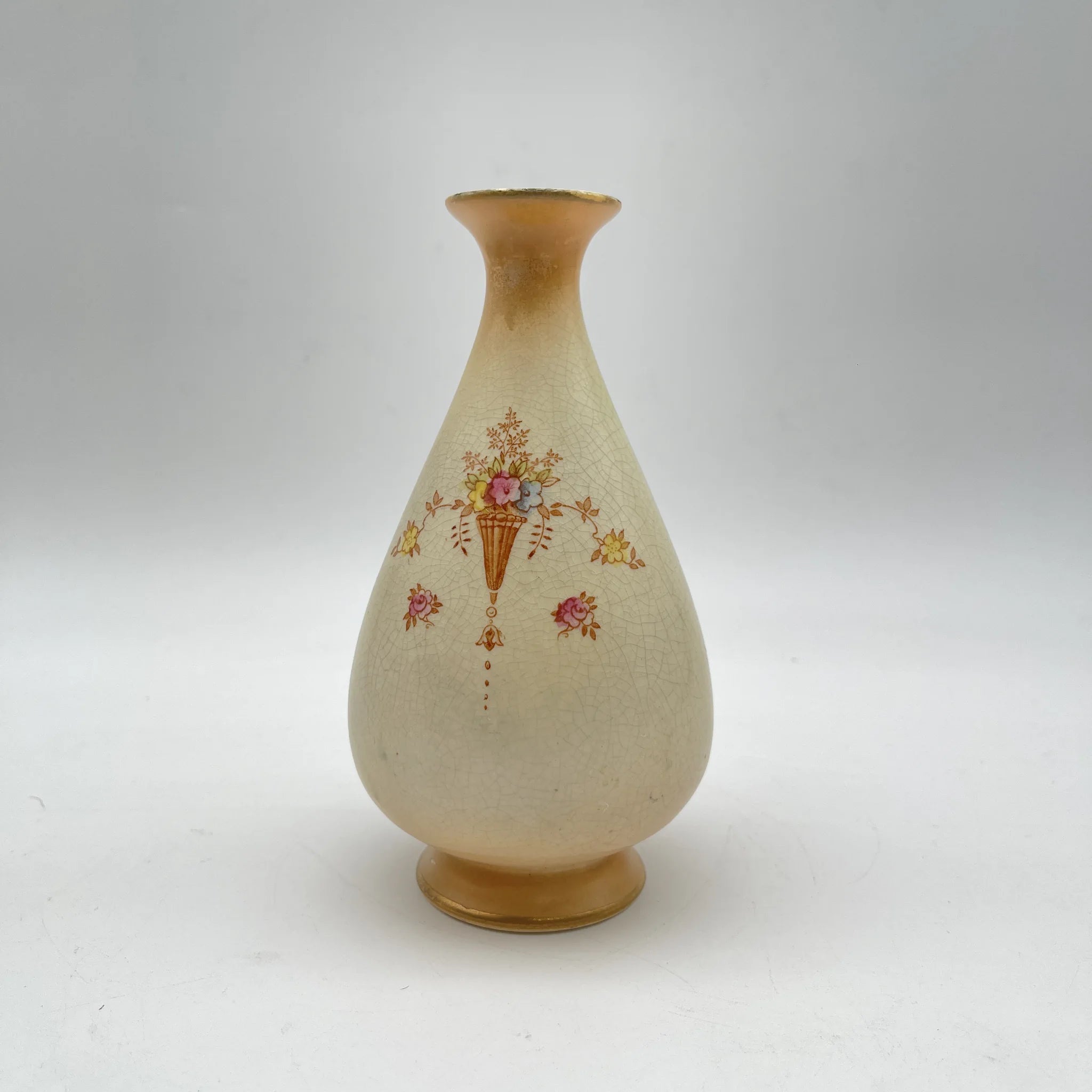 【アンティーク】 フラワーベース (花瓶) / Crown Devon (クラウンデボン) / Spring / 1910-1920年代 / 陶器 / イギリス / 銅板転写, 手彩色 金彩