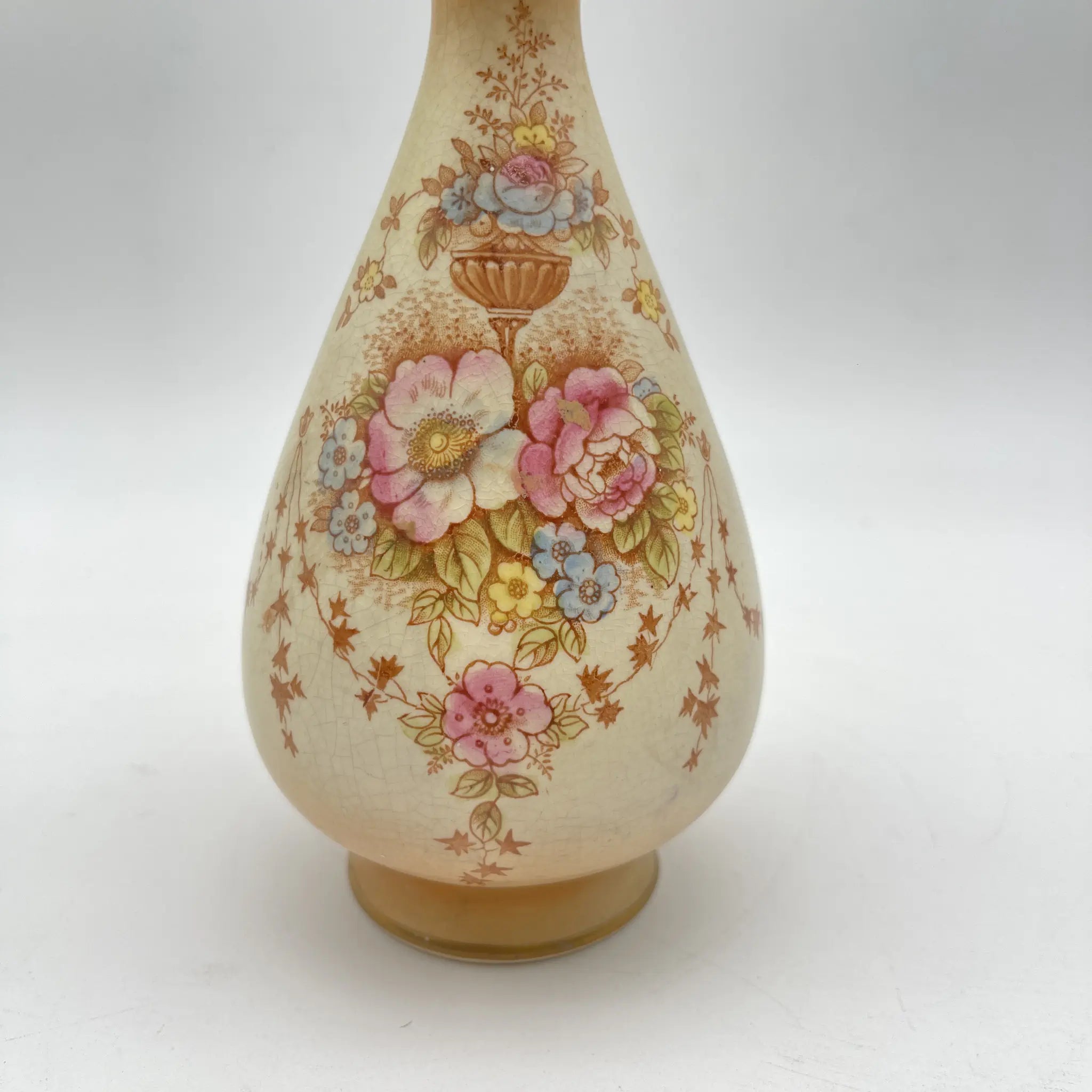 【アンティーク】 フラワーベース (花瓶) / Crown Devon (クラウンデボン) / Spring / 1910-1920年代 / 陶器 / イギリス / 銅板転写, 手彩色 金彩