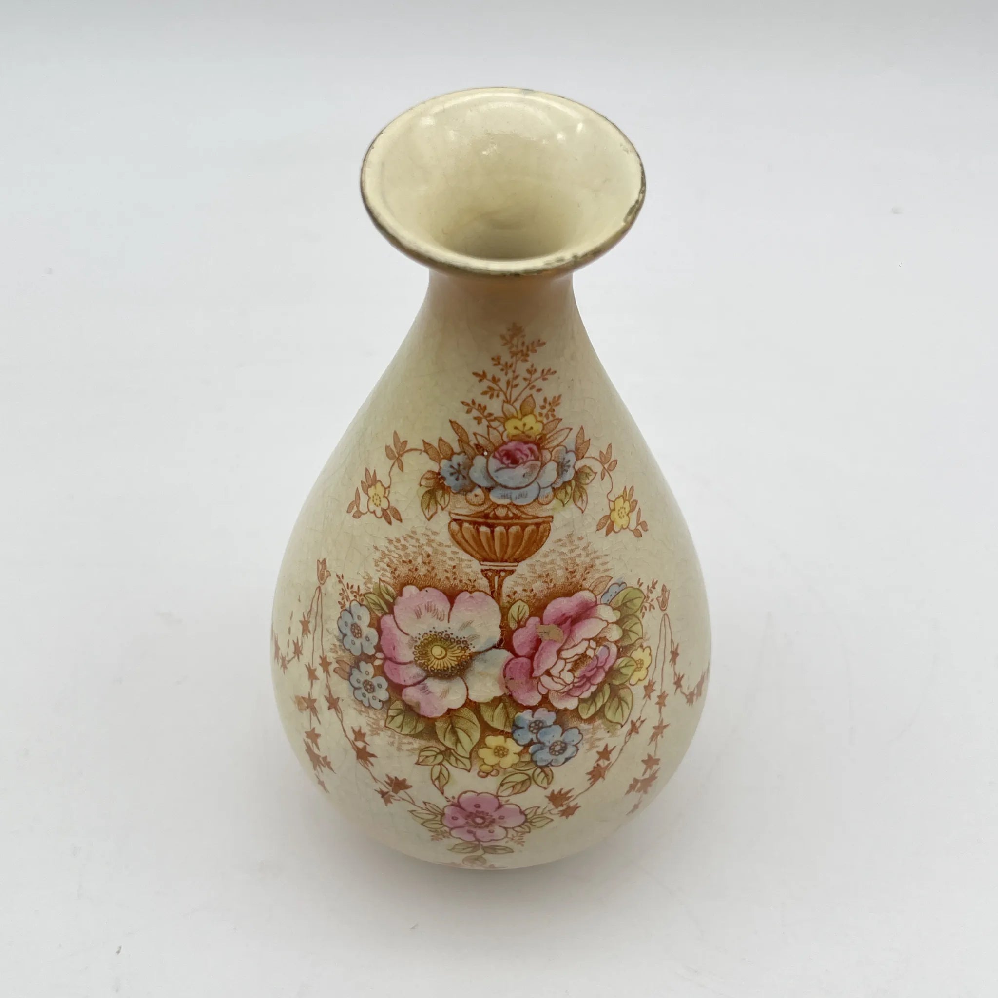 【アンティーク】 フラワーベース (花瓶) / Crown Devon (クラウンデボン) / Spring / 1910-1920年代 / 陶器 / イギリス / 銅板転写, 手彩色 金彩