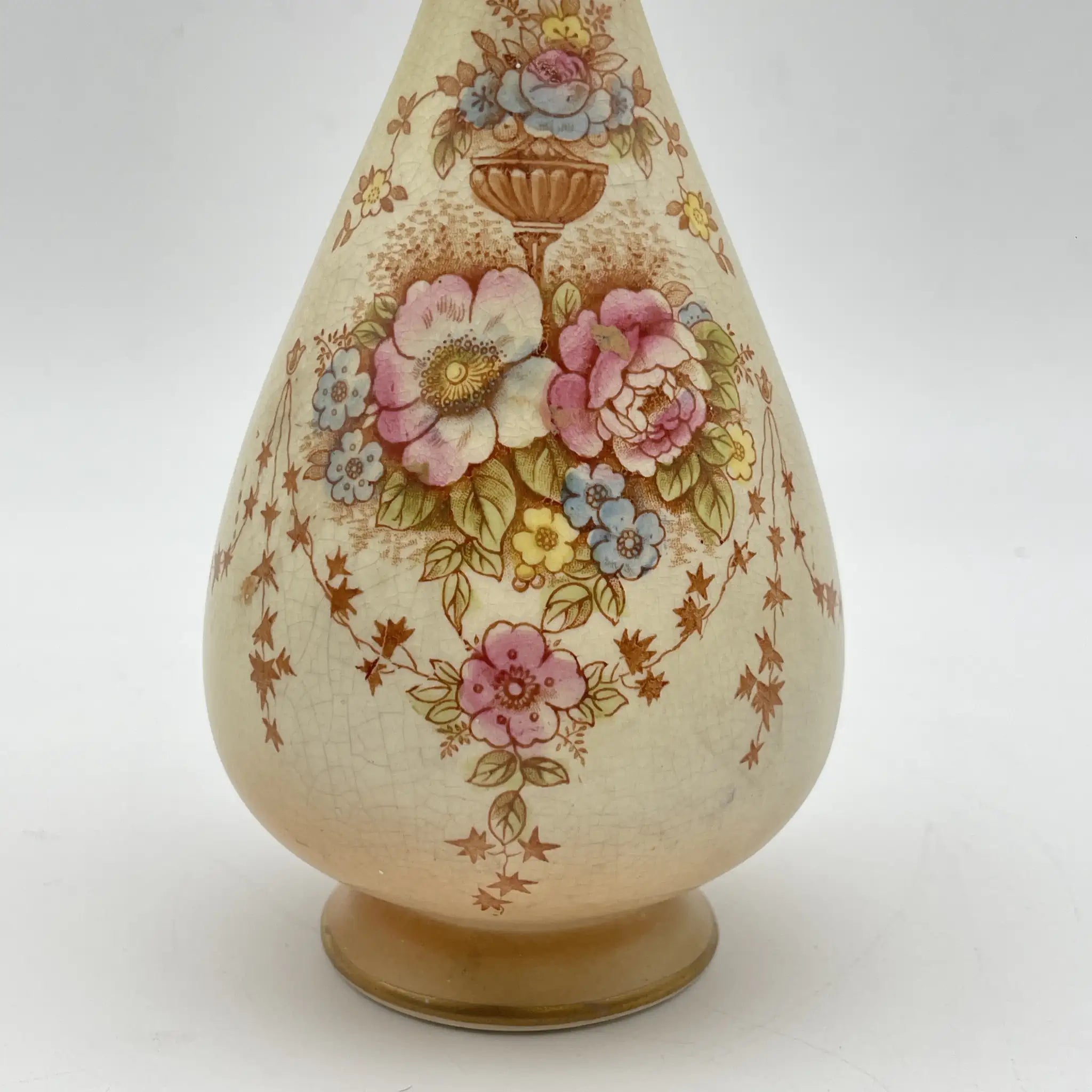 【アンティーク】 フラワーベース (花瓶) / Crown Devon (クラウンデボン) / Spring / 1910-1920年代 / 陶器 / イギリス / 銅板転写, 手彩色 金彩