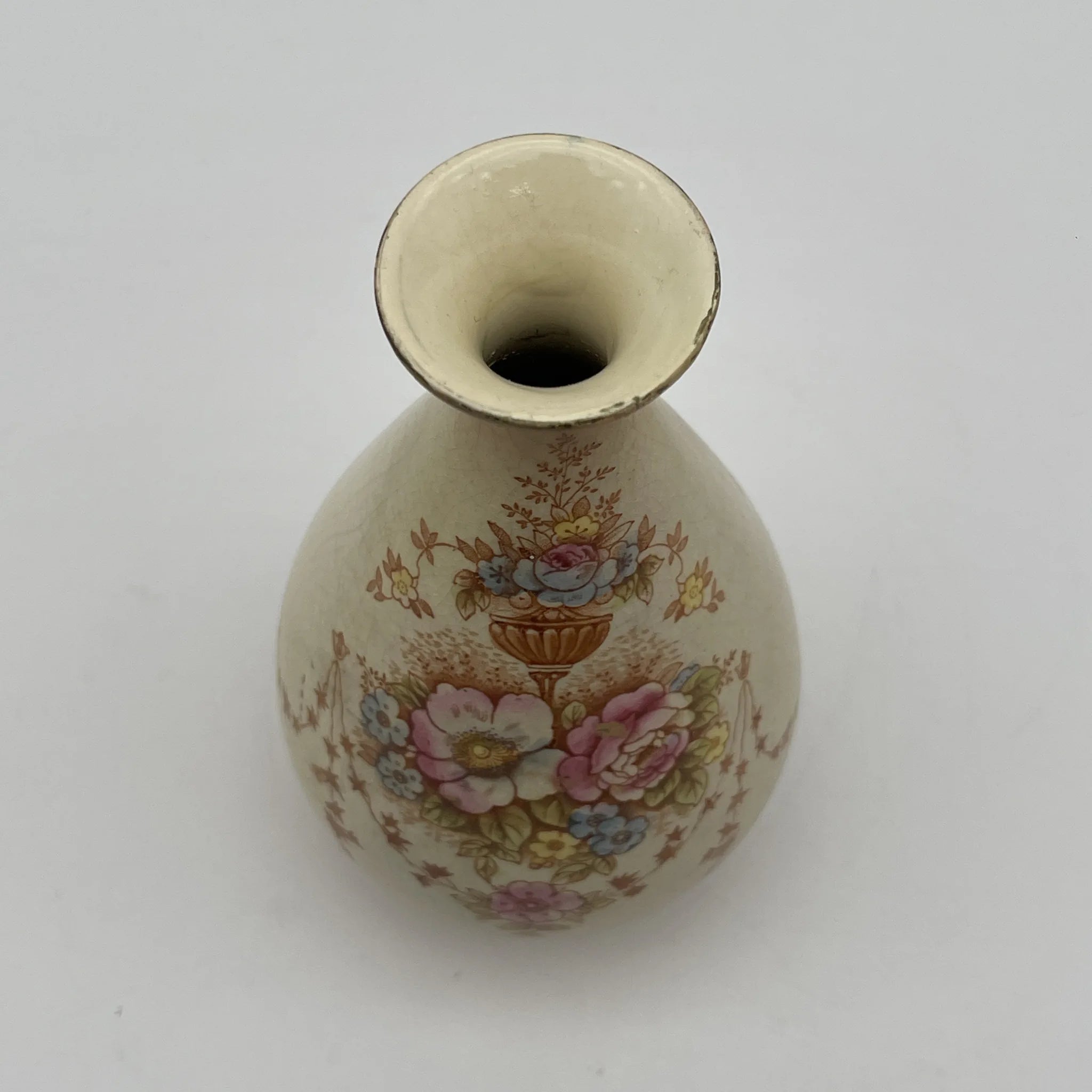 【アンティーク】 フラワーベース (花瓶) / Crown Devon (クラウンデボン) / Spring / 1910-1920年代 / 陶器 / イギリス / 銅板転写, 手彩色 金彩