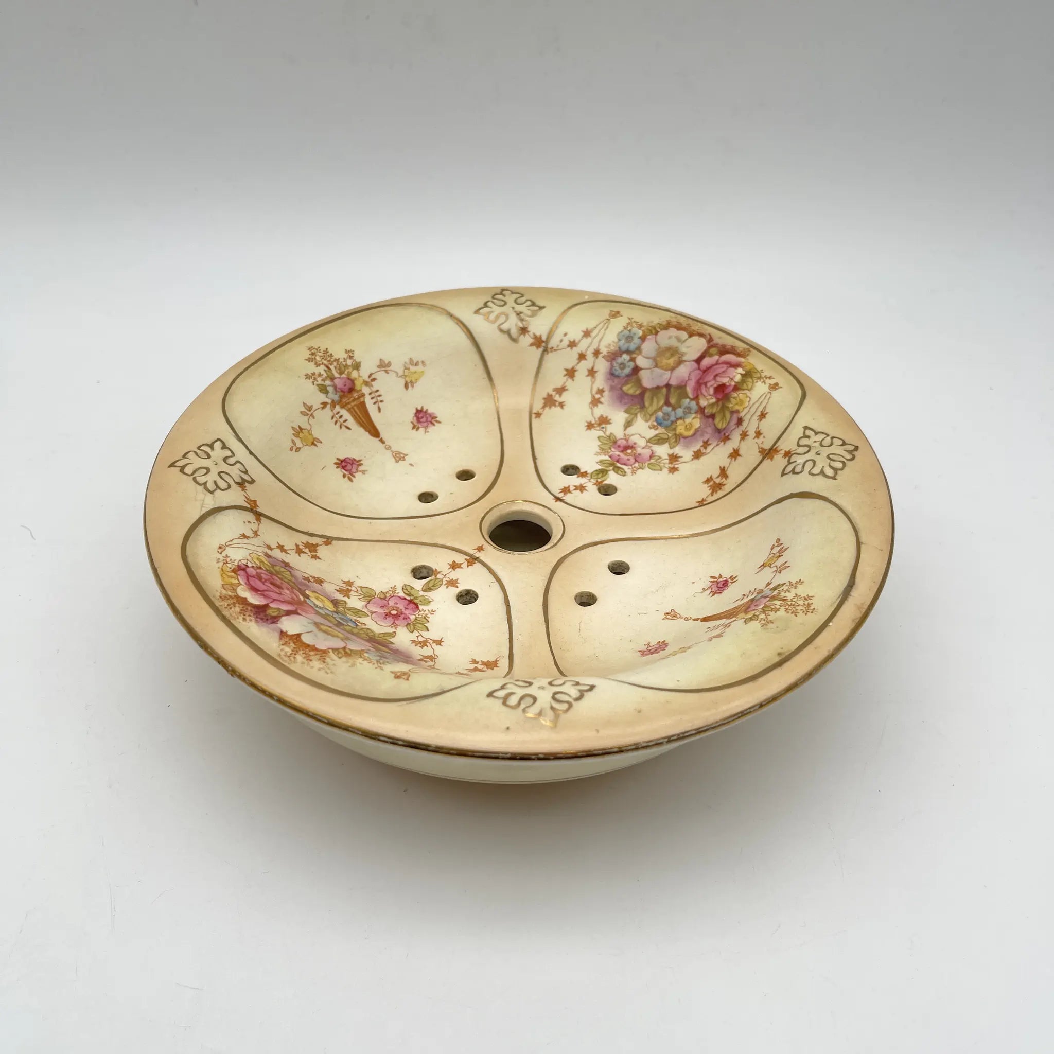 【アンティーク】 ソープディッシュ / Crown Devon (クラウンデボン) / Spring / 1910-1920年代 / 陶器 / イギリス / 銅板転写, 手彩色 金彩