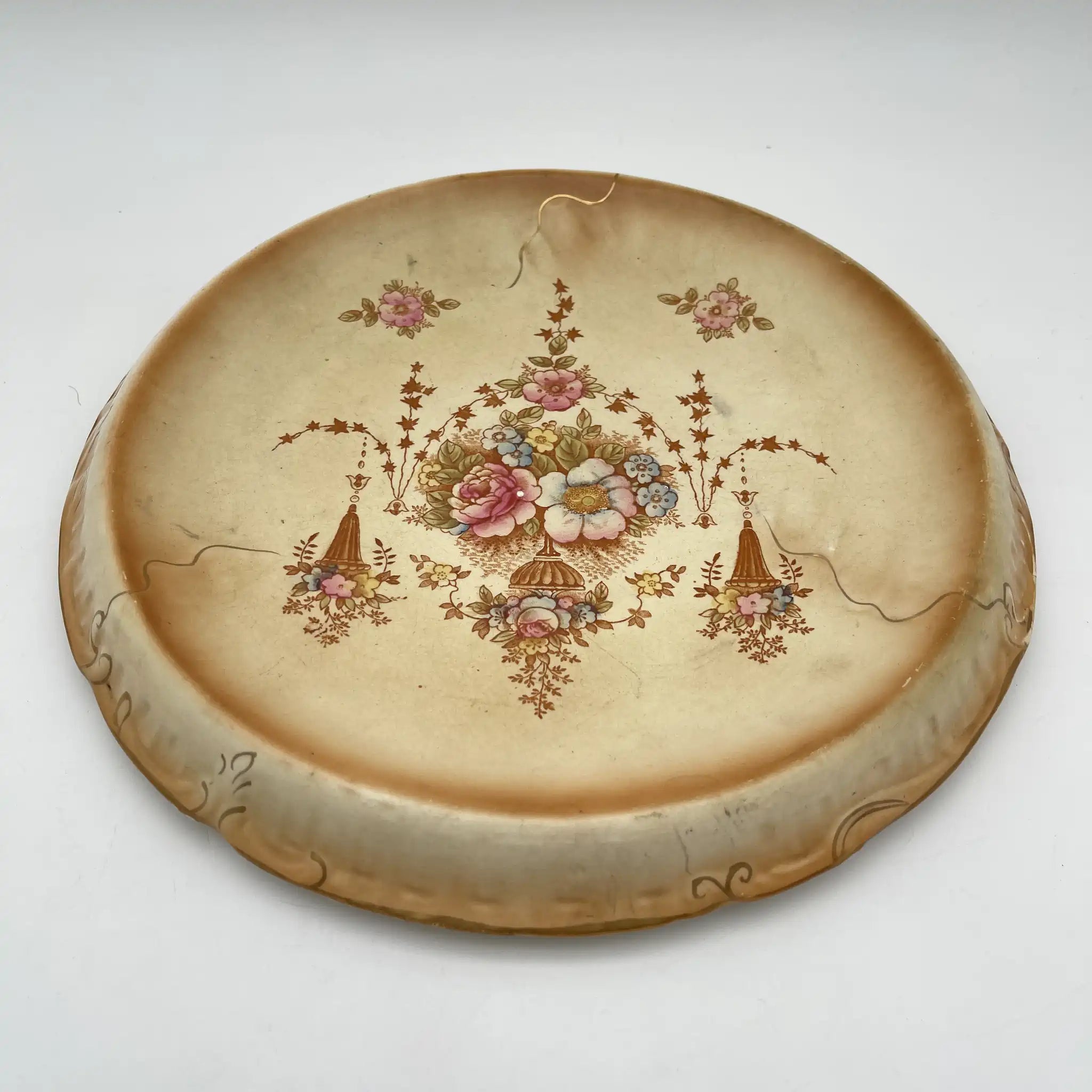 【アンティーク】 チーズスタンド (ケーキスタンド) / Crown Devon (クラウンデボン) / Spring / 1910-1920年代 / 陶器 / イギリス / 銅板転写, 手彩色 金彩