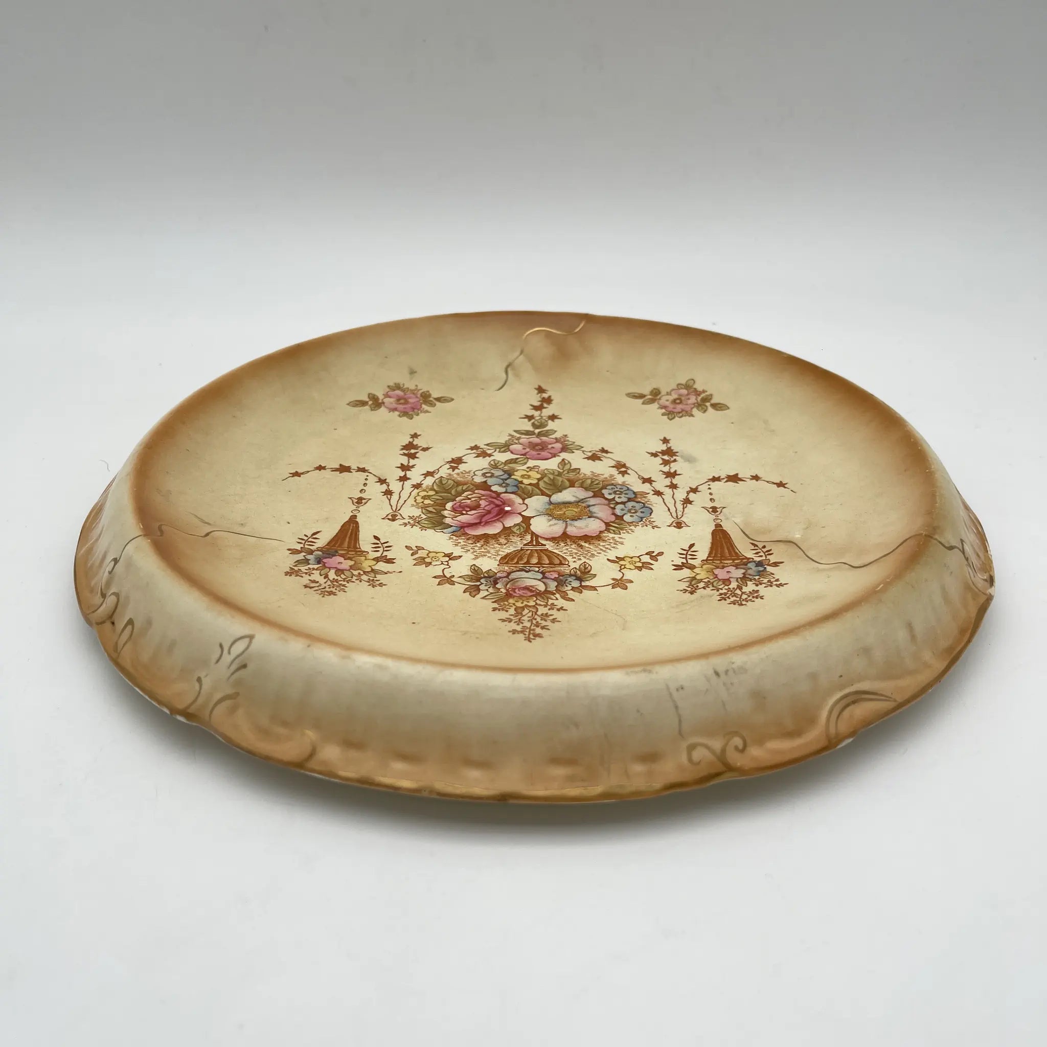 【アンティーク】 チーズスタンド (ケーキスタンド) / Crown Devon (クラウンデボン) / Spring / 1910-1920年代 / 陶器 / イギリス / 銅板転写, 手彩色 金彩