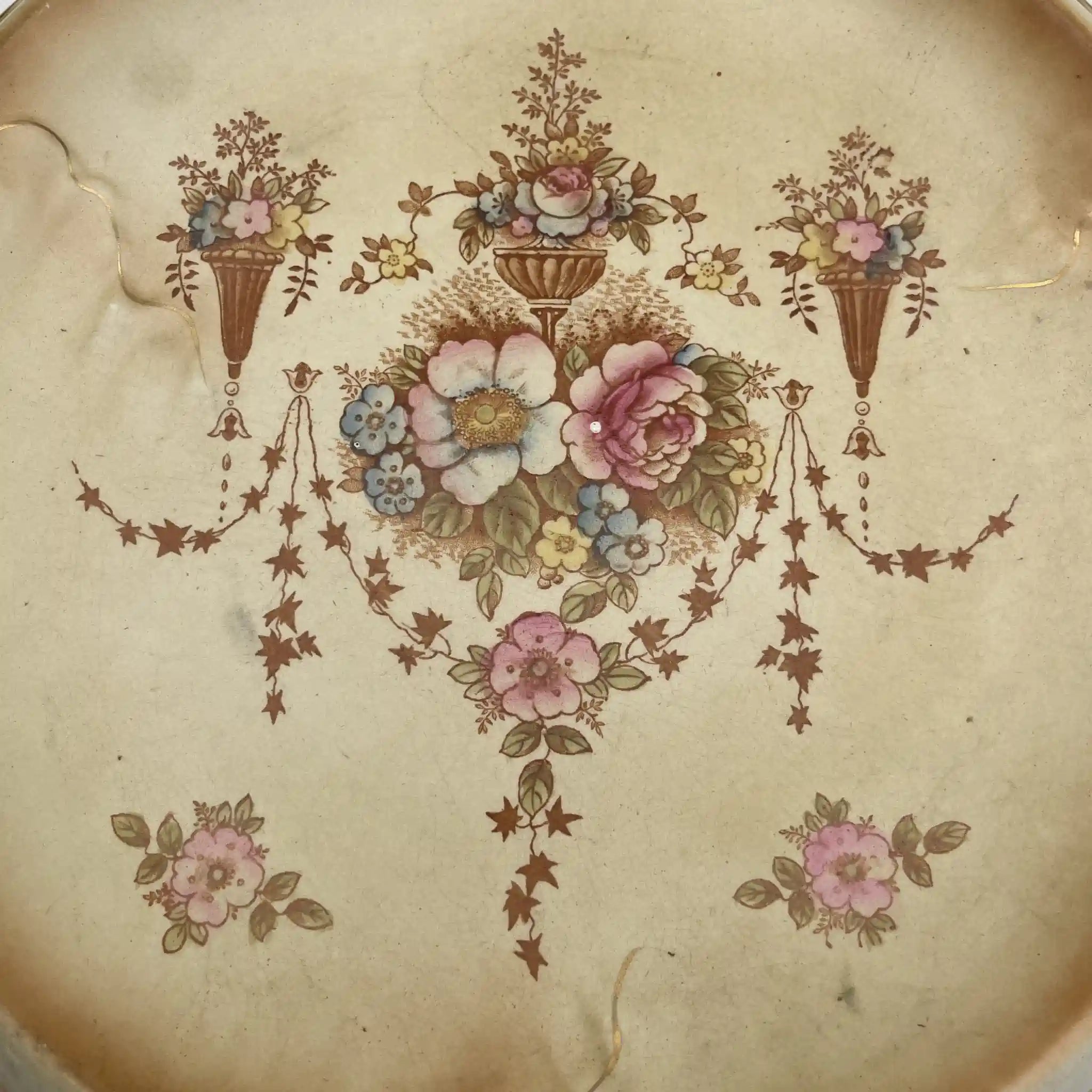 【アンティーク】 チーズスタンド (ケーキスタンド) / Crown Devon (クラウンデボン) / Spring / 1910-1920年代 / 陶器 / イギリス / 銅板転写, 手彩色 金彩