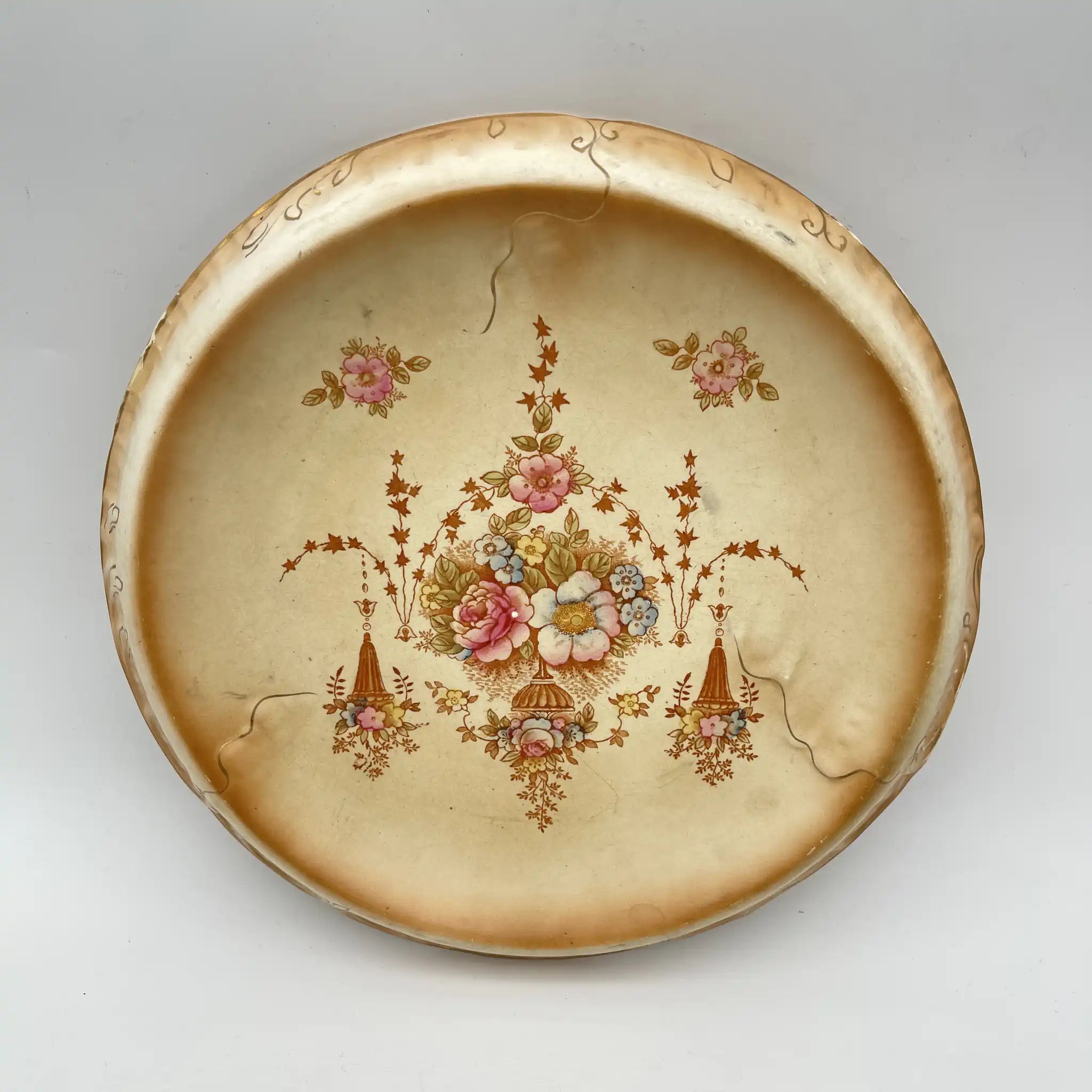 【アンティーク】 チーズスタンド (ケーキスタンド) / Crown Devon (クラウンデボン) / Spring / 1910-1920年代 / 陶器 / イギリス / 銅板転写, 手彩色 金彩