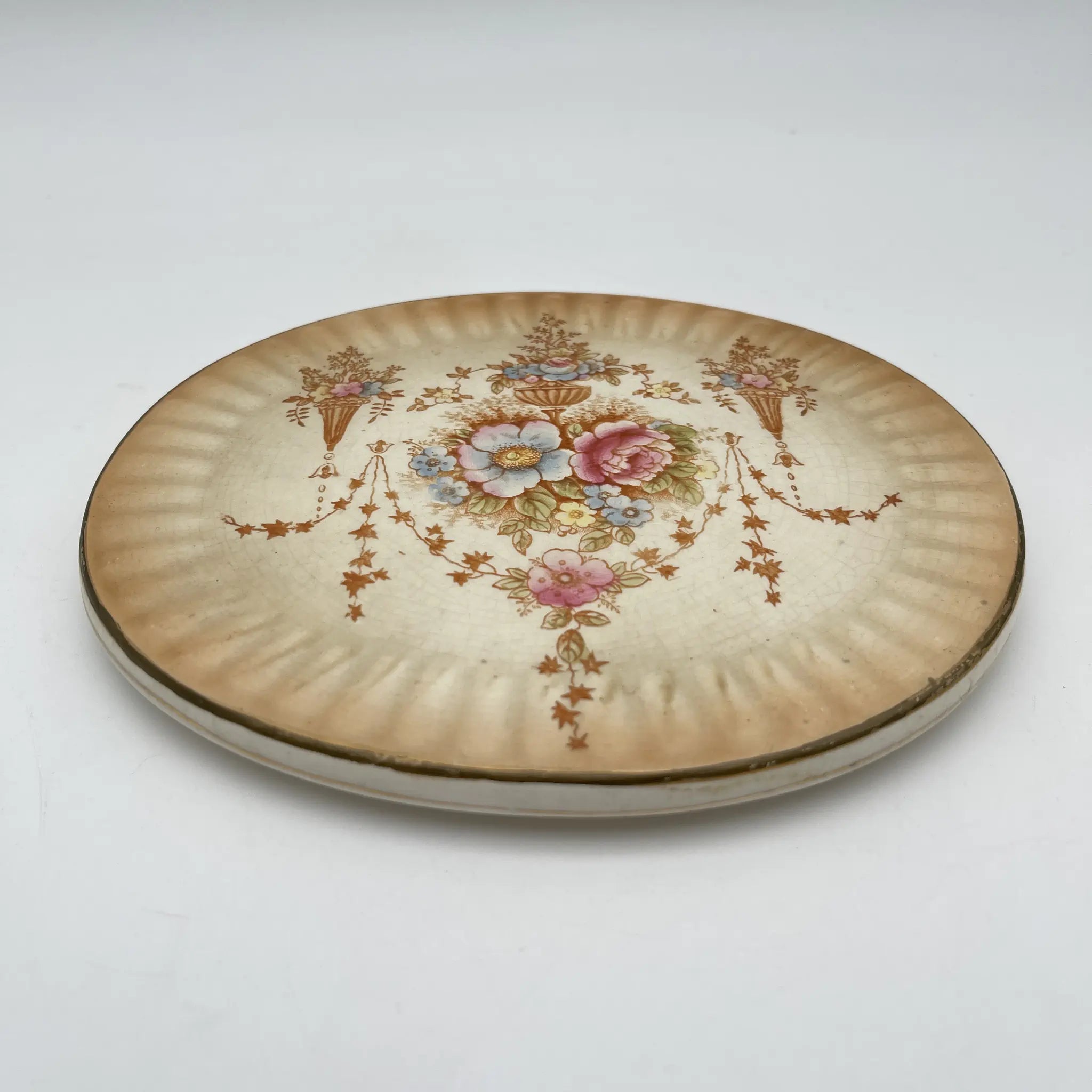 【アンティーク】 ポットスタンド (鍋敷き) / Crown Devon (クラウンデボン) / Spring / 1910-1920年代 / 陶器 / イギリス / 銅板転写, 手彩色 金彩