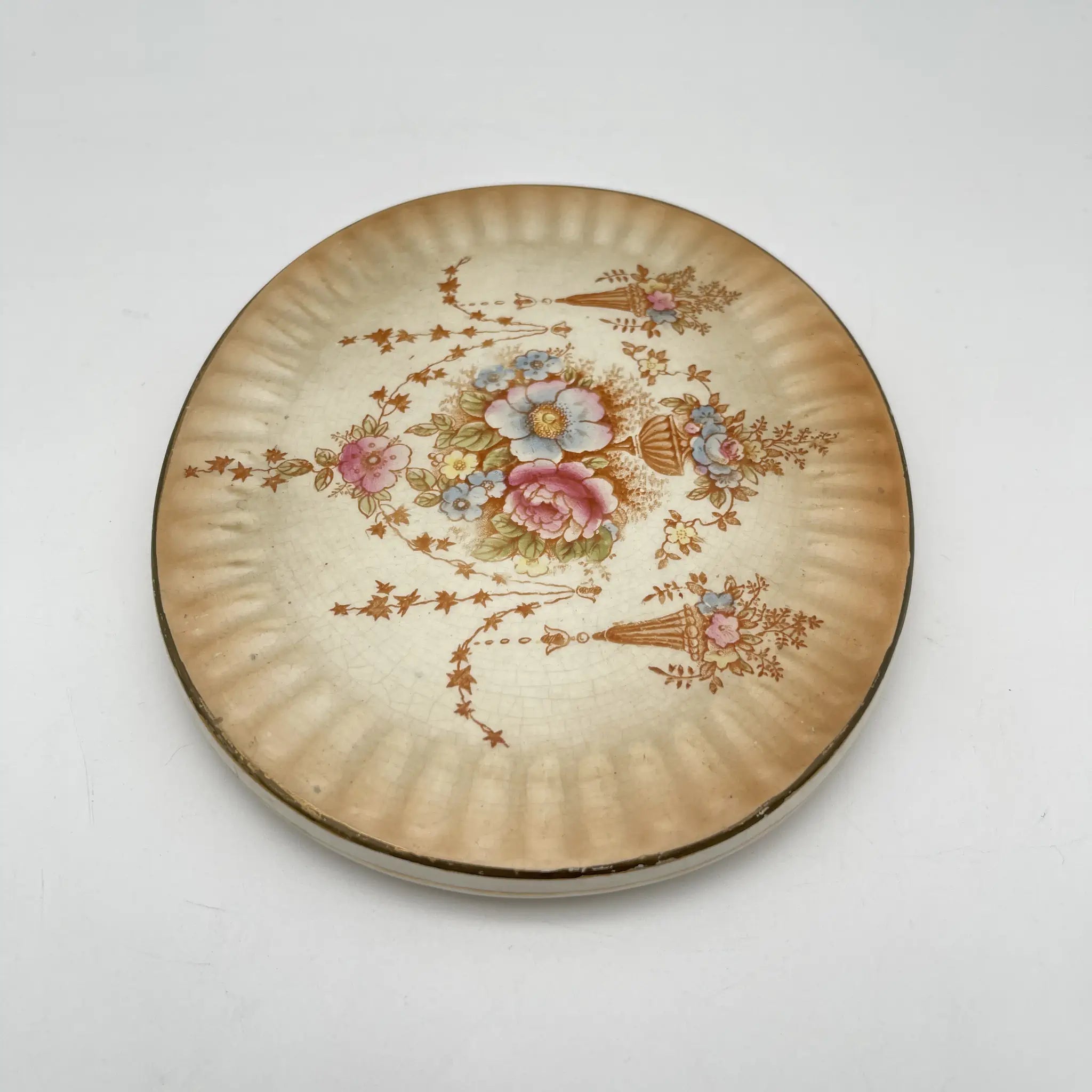 【アンティーク】 ポットスタンド (鍋敷き) / Crown Devon (クラウンデボン) / Spring / 1910-1920年代 / 陶器 / イギリス / 銅板転写, 手彩色 金彩