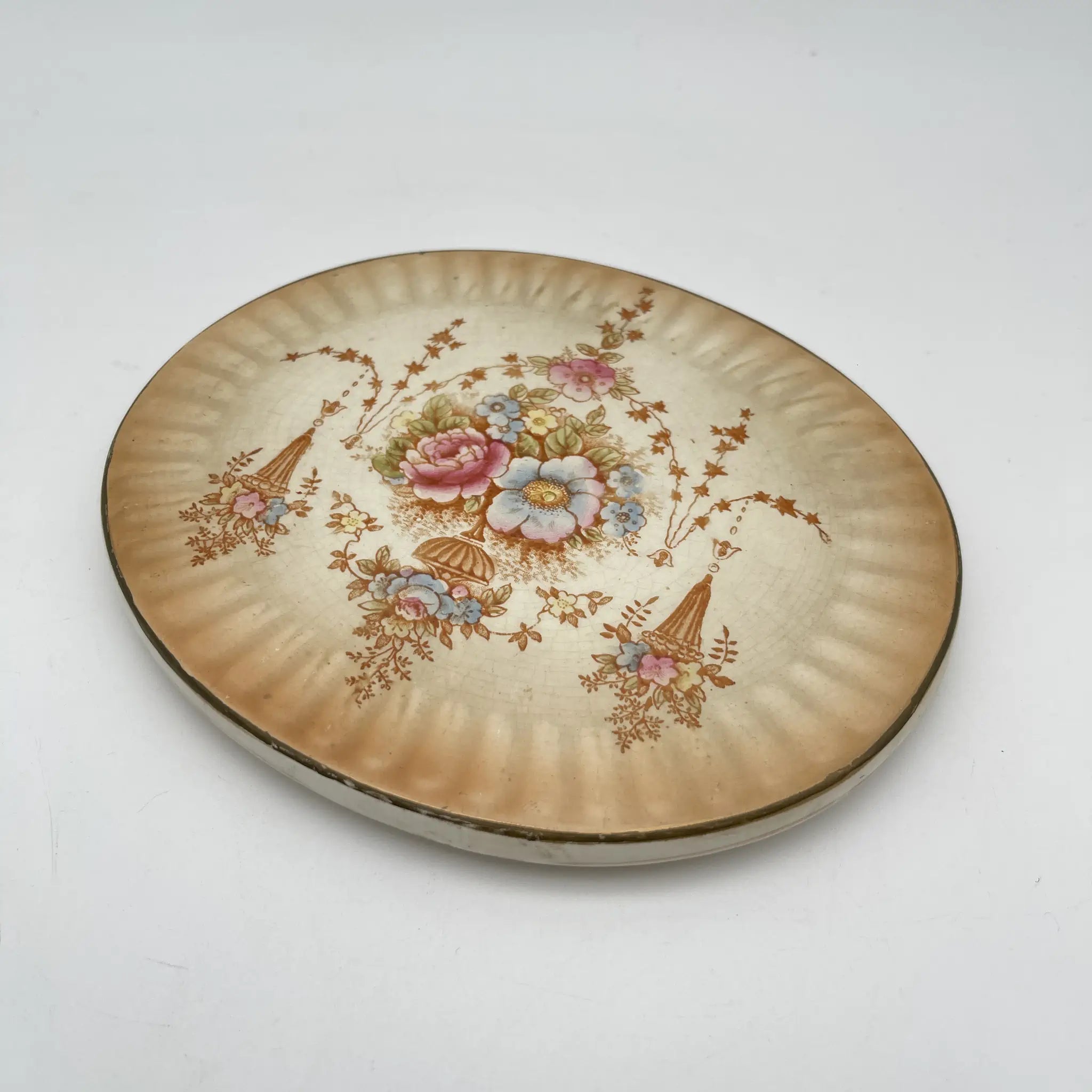 【アンティーク】 ポットスタンド (鍋敷き) / Crown Devon (クラウンデボン) / Spring / 1910-1920年代 / 陶器 / イギリス / 銅板転写, 手彩色 金彩