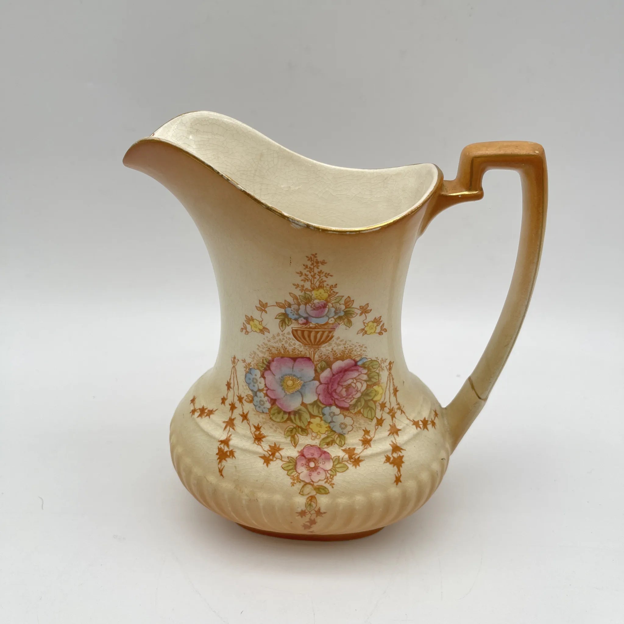 【アンティーク】 ジャグ (水差し) / Crown Devon (クラウンデボン) / Spring / 1910-1920年代 / 陶器 / イギリス / 銅板転写, 手彩色 金彩