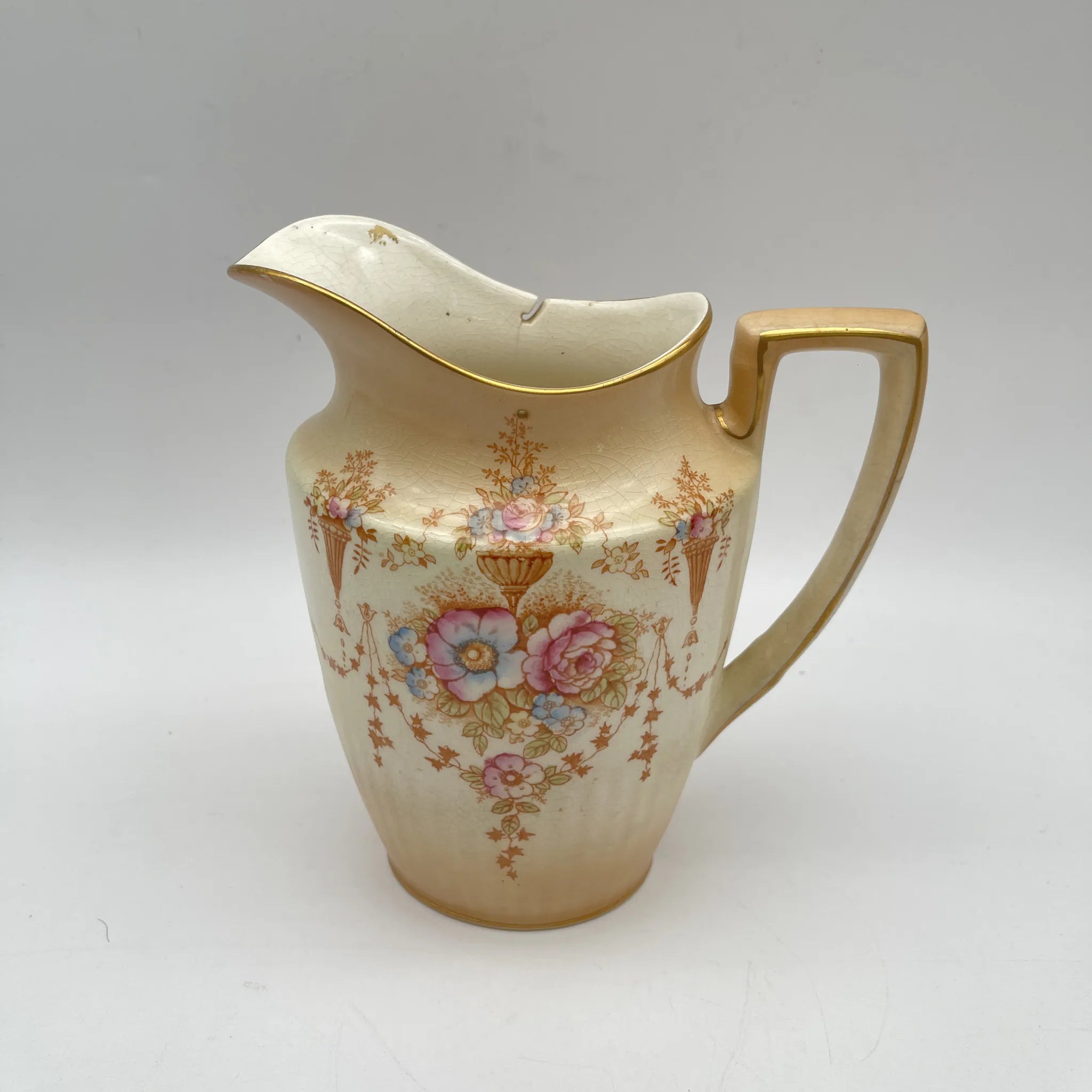 【アンティーク】 ジャグ (水差し) / Crown Devon (クラウンデボン) / Spring / 1910-1920年代 / 陶器 / イギリス / 銅板転写, 手彩色 金彩