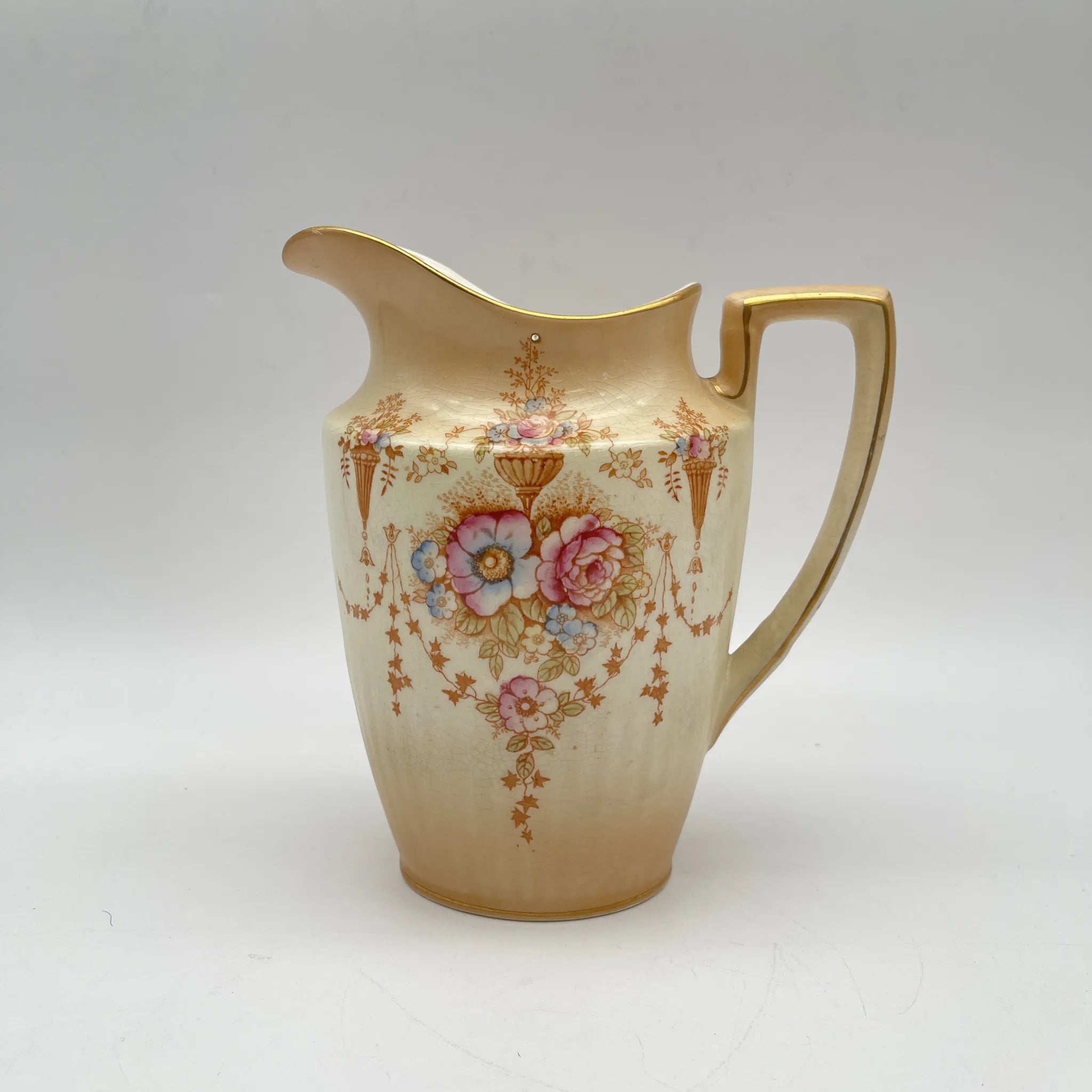 【アンティーク】 ジャグ (水差し) / Crown Devon (クラウンデボン) / Spring / 1910-1920年代 / 陶器 / イギリス / 銅板転写, 手彩色 金彩