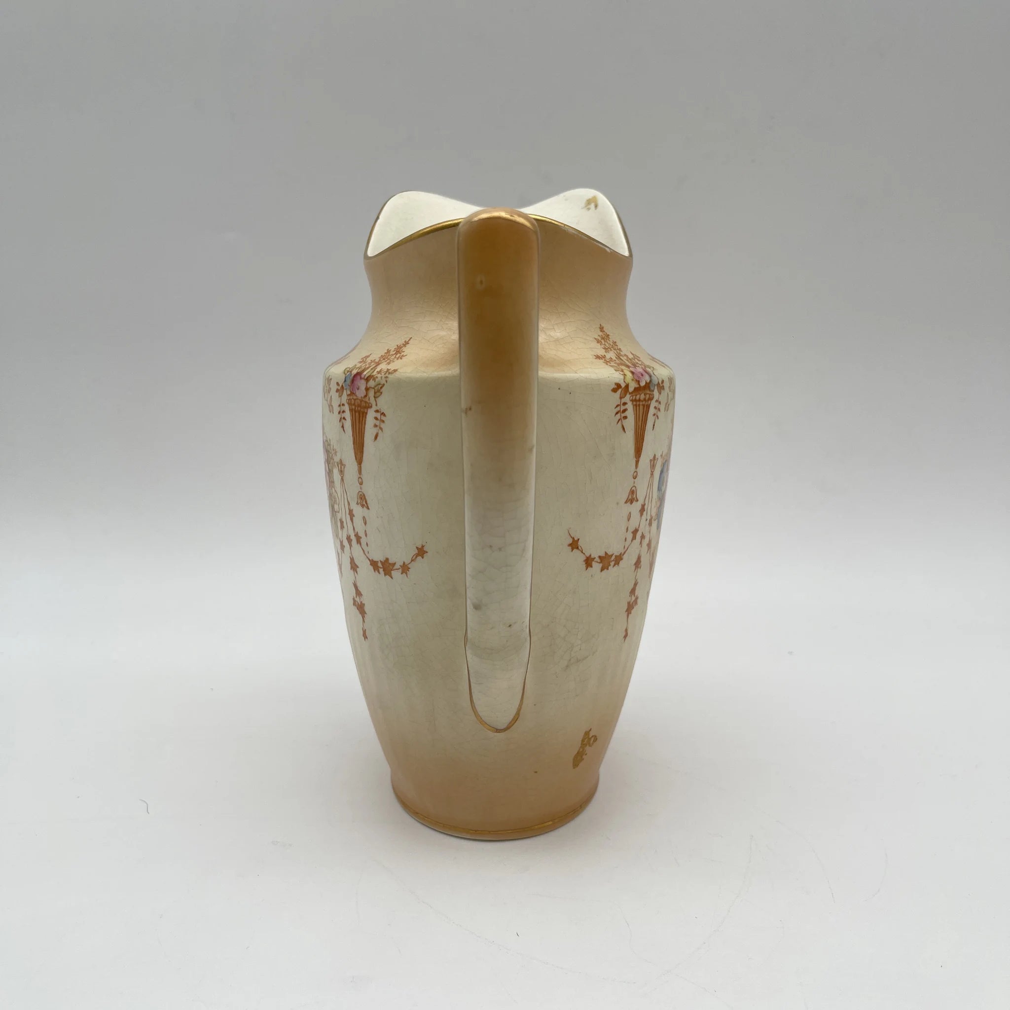 [Antique] Jug / Crown Devon / Spring / 1910-1920s / Pottery / England / Copper plate transfer, hand-colored gold