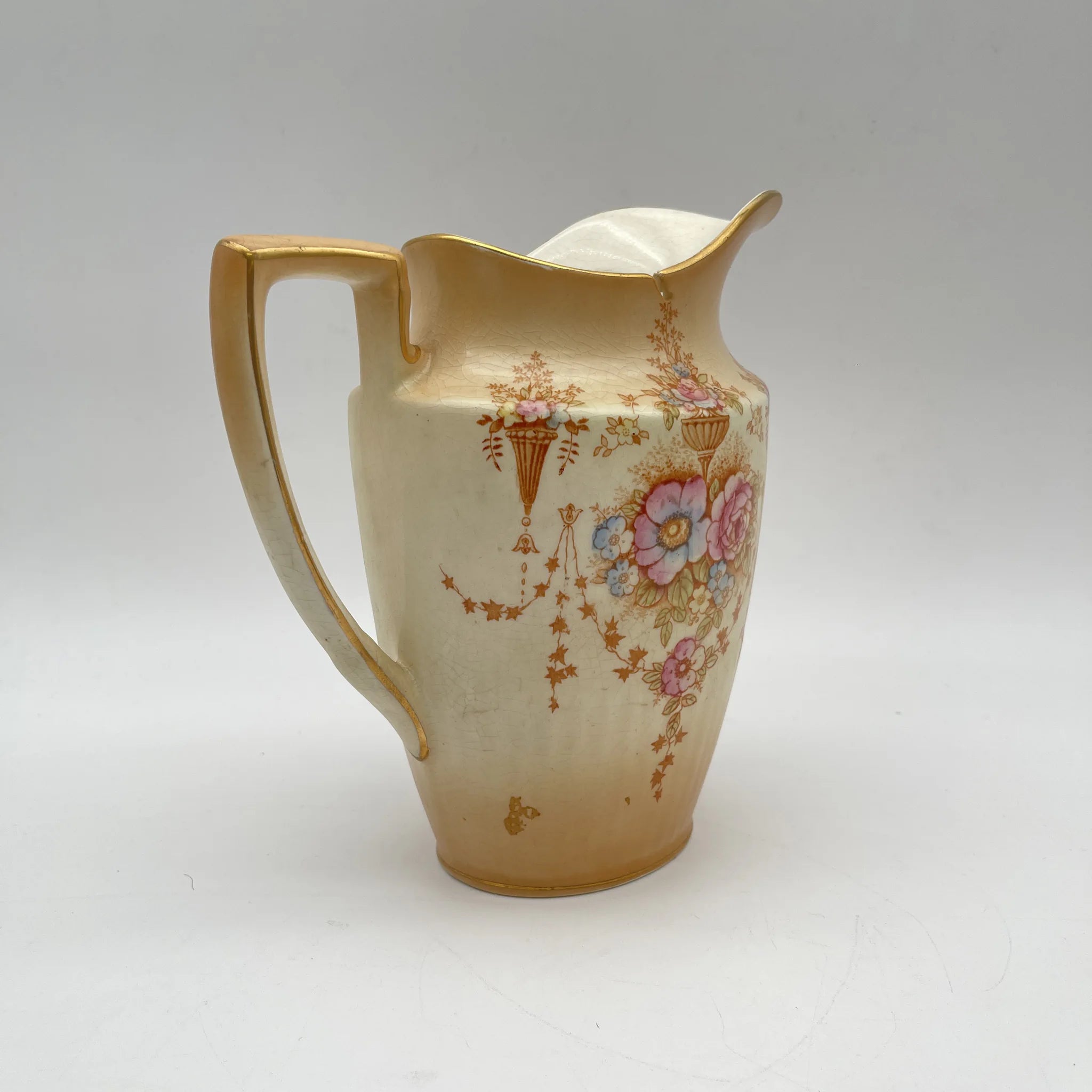 [Antique] Jug / Crown Devon / Spring / 1910-1920s / Pottery / England / Copper plate transfer, hand-colored gold