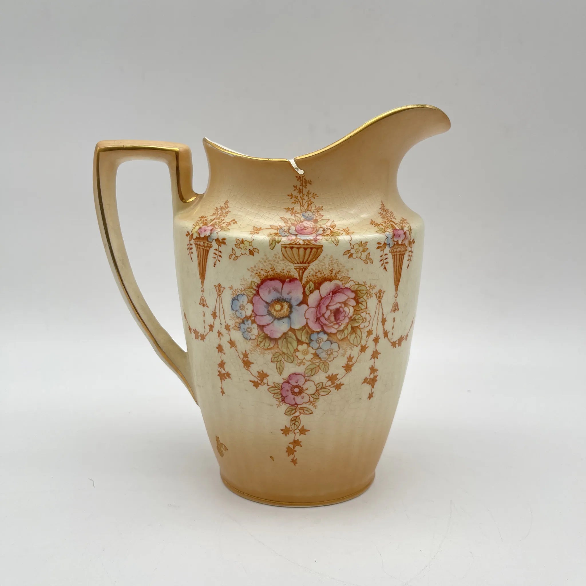 [Antique] Jug / Crown Devon / Spring / 1910-1920s / Pottery / England / Copper plate transfer, hand-colored gold