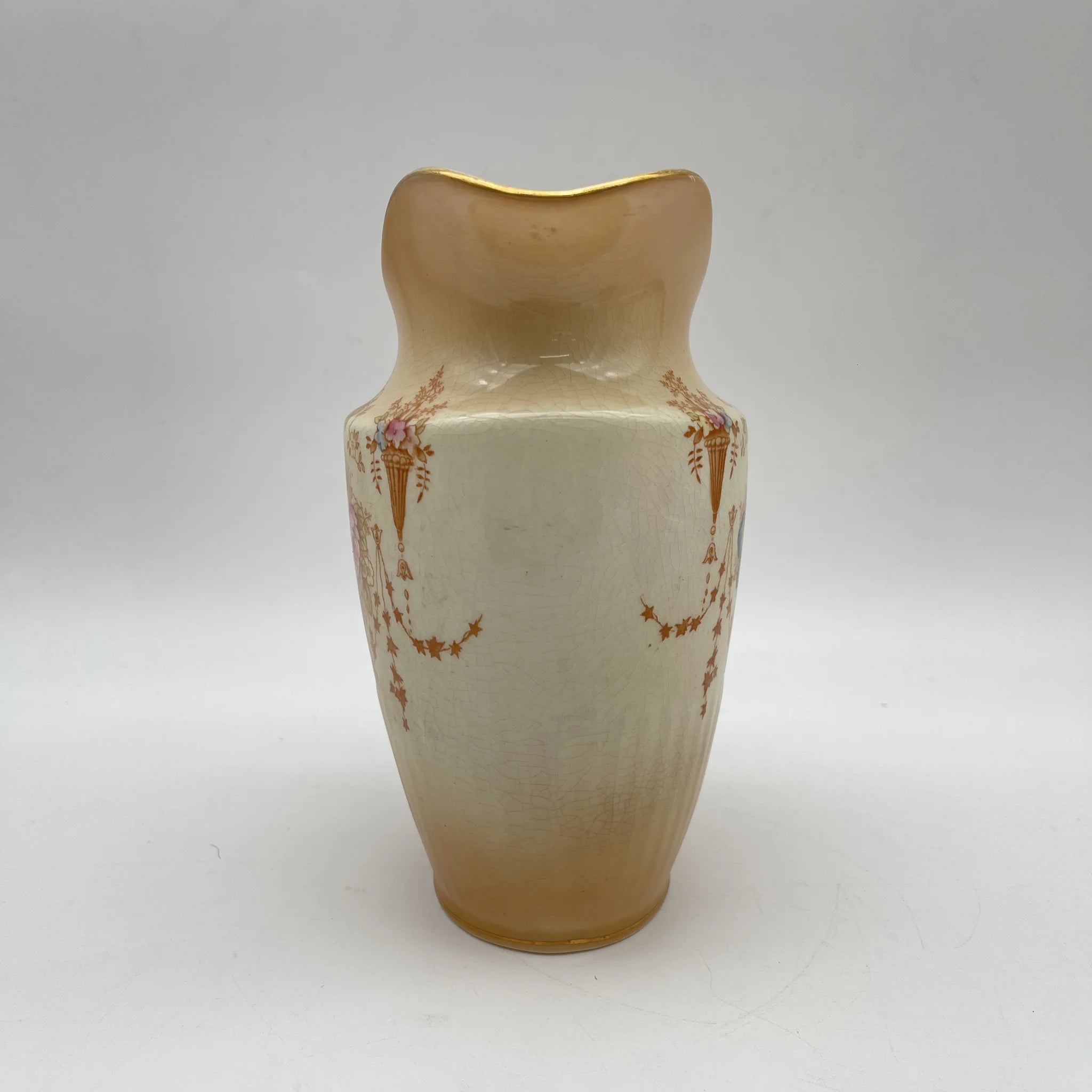 [Antique] Jug / Crown Devon / Spring / 1910-1920s / Pottery / England / Copper plate transfer, hand-colored gold