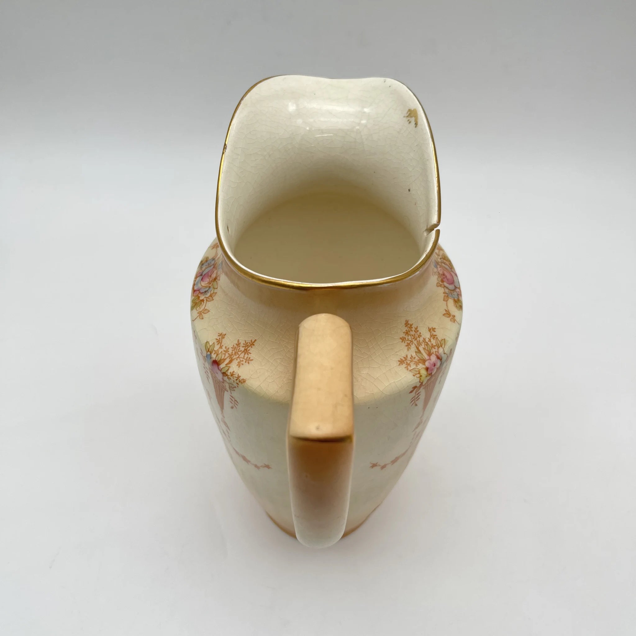 [Antique] Jug / Crown Devon / Spring / 1910-1920s / Pottery / England / Copper plate transfer, hand-colored gold