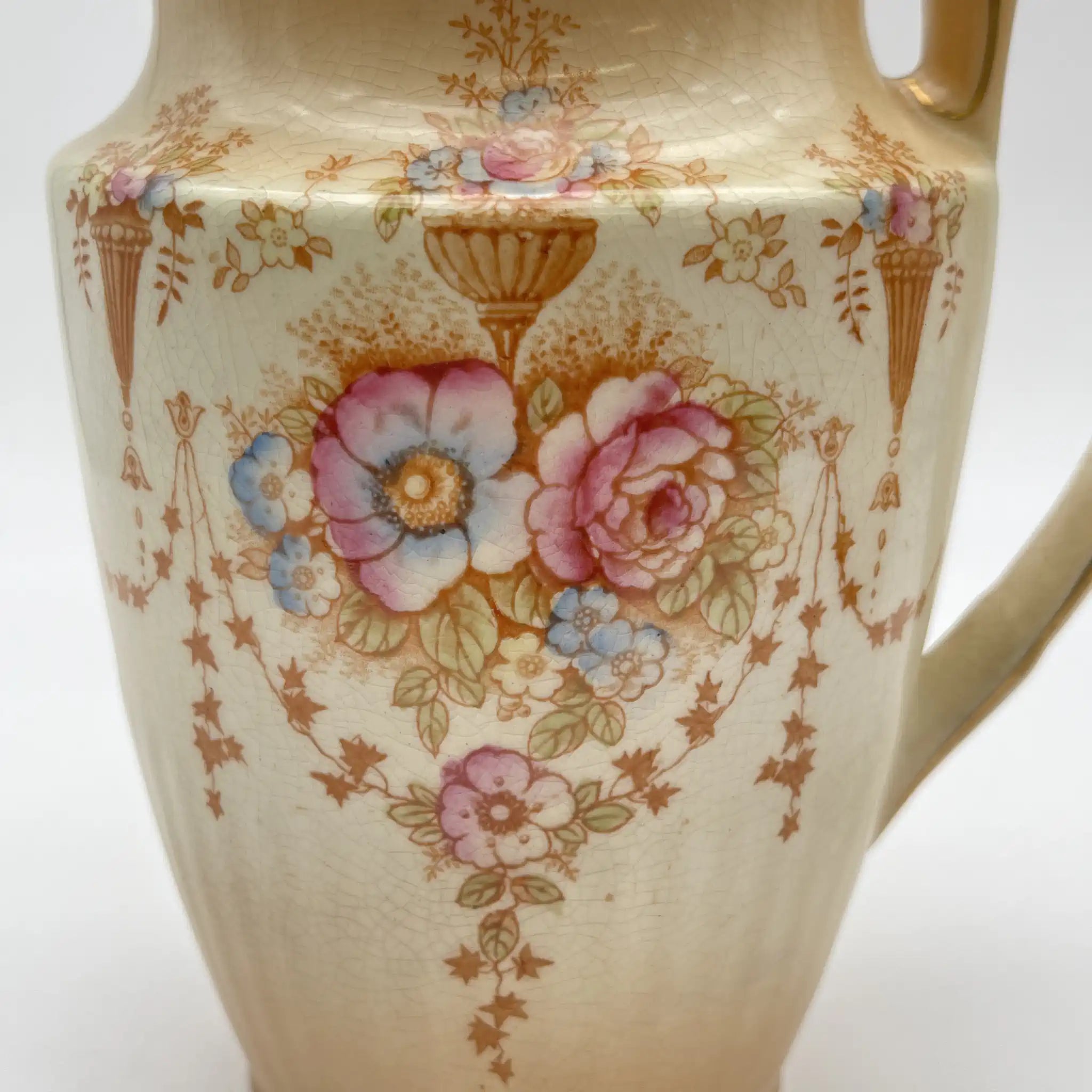 [Antique] Jug / Crown Devon / Spring / 1910-1920s / Pottery / England / Copper plate transfer, hand-colored gold