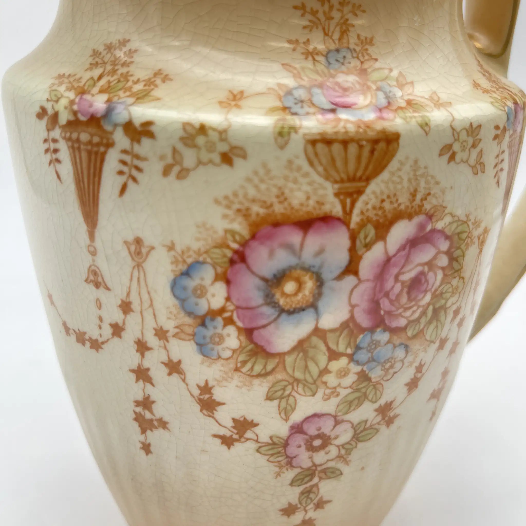 [Antique] Jug / Crown Devon / Spring / 1910-1920s / Pottery / England / Copper plate transfer, hand-colored gold