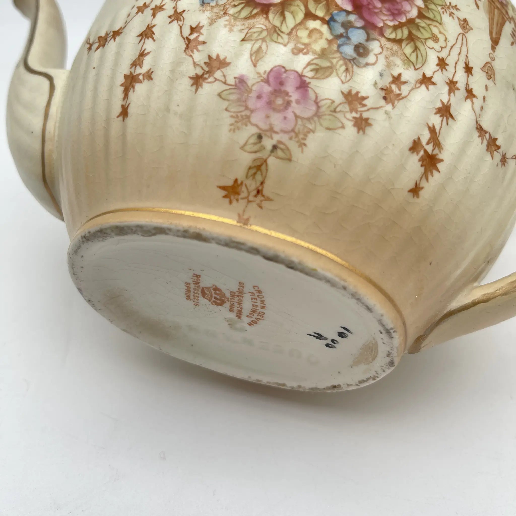 【アンティーク】 ティーポット / Crown Devon (クラウンデボン) / Spring / 1910-1920年代 / 陶器 / イギリス / 銅板転写, 手彩色 金彩