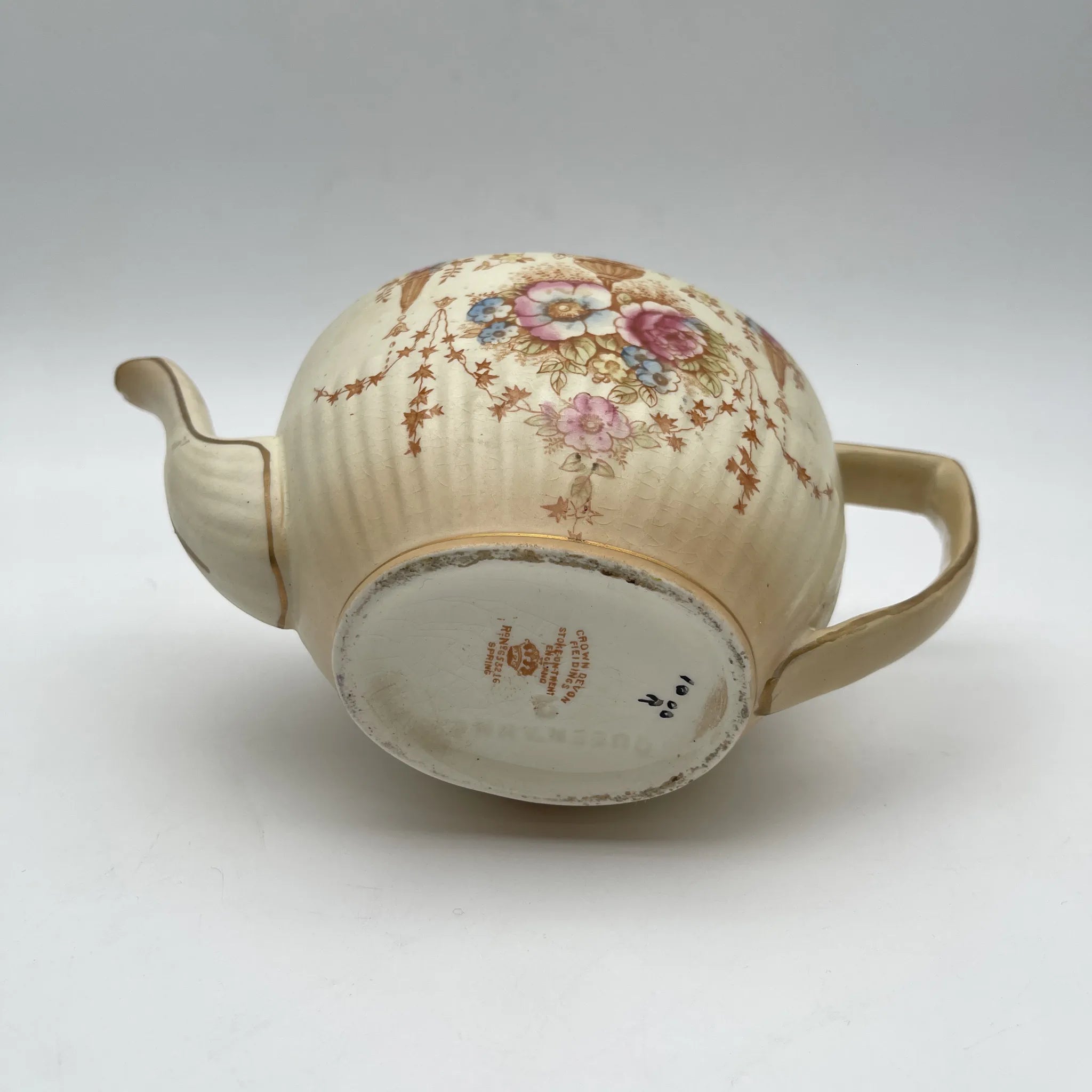 【アンティーク】 ティーポット / Crown Devon (クラウンデボン) / Spring / 1910-1920年代 / 陶器 / イギリス / 銅板転写, 手彩色 金彩