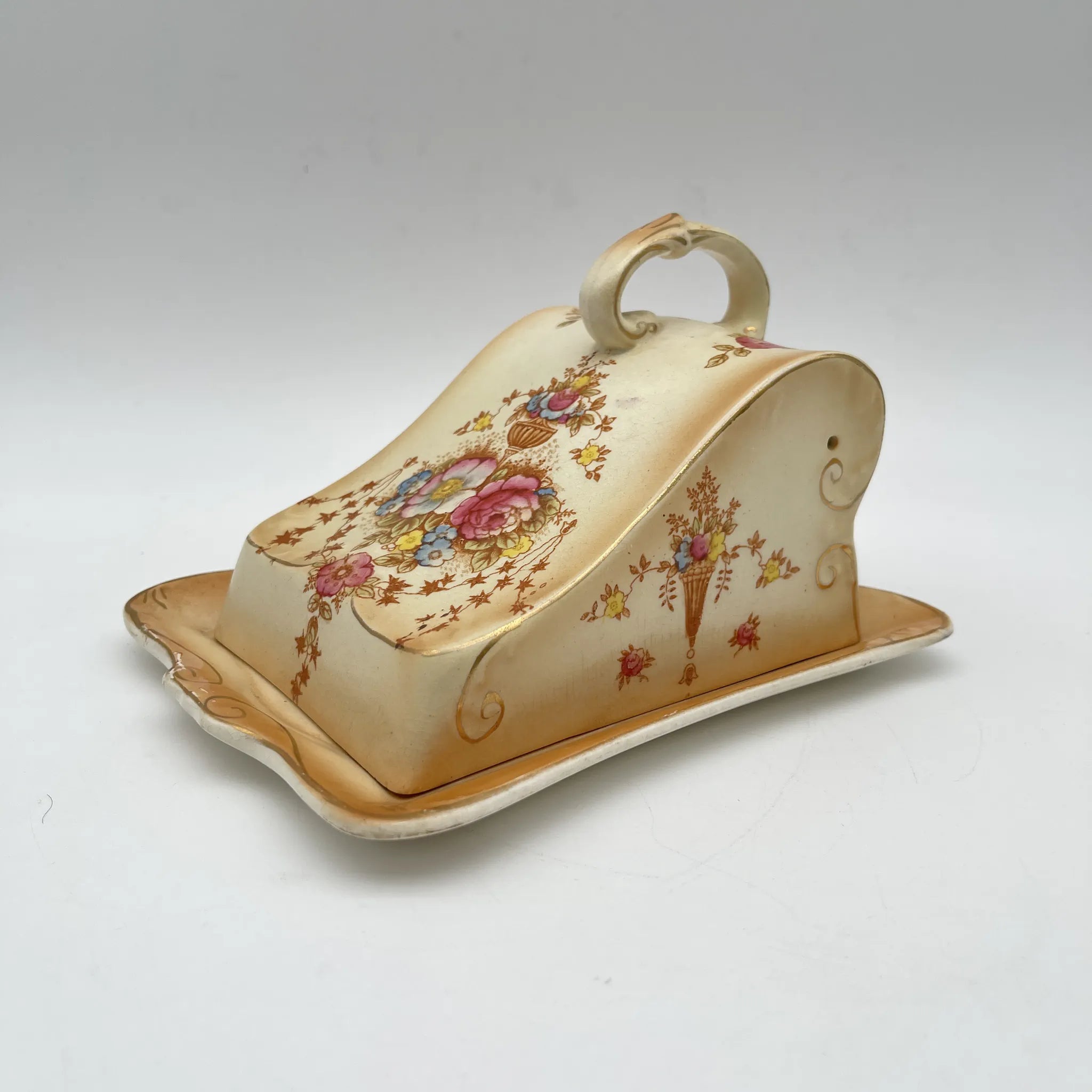 【アンティーク】 チーズ・バターディッシュ (チーズ・バターケース) / Crown Devon (クラウンデボン) / Spring / 1910-1920年代 / 陶器 / イギリス / 銅板転写, 手彩色 金彩