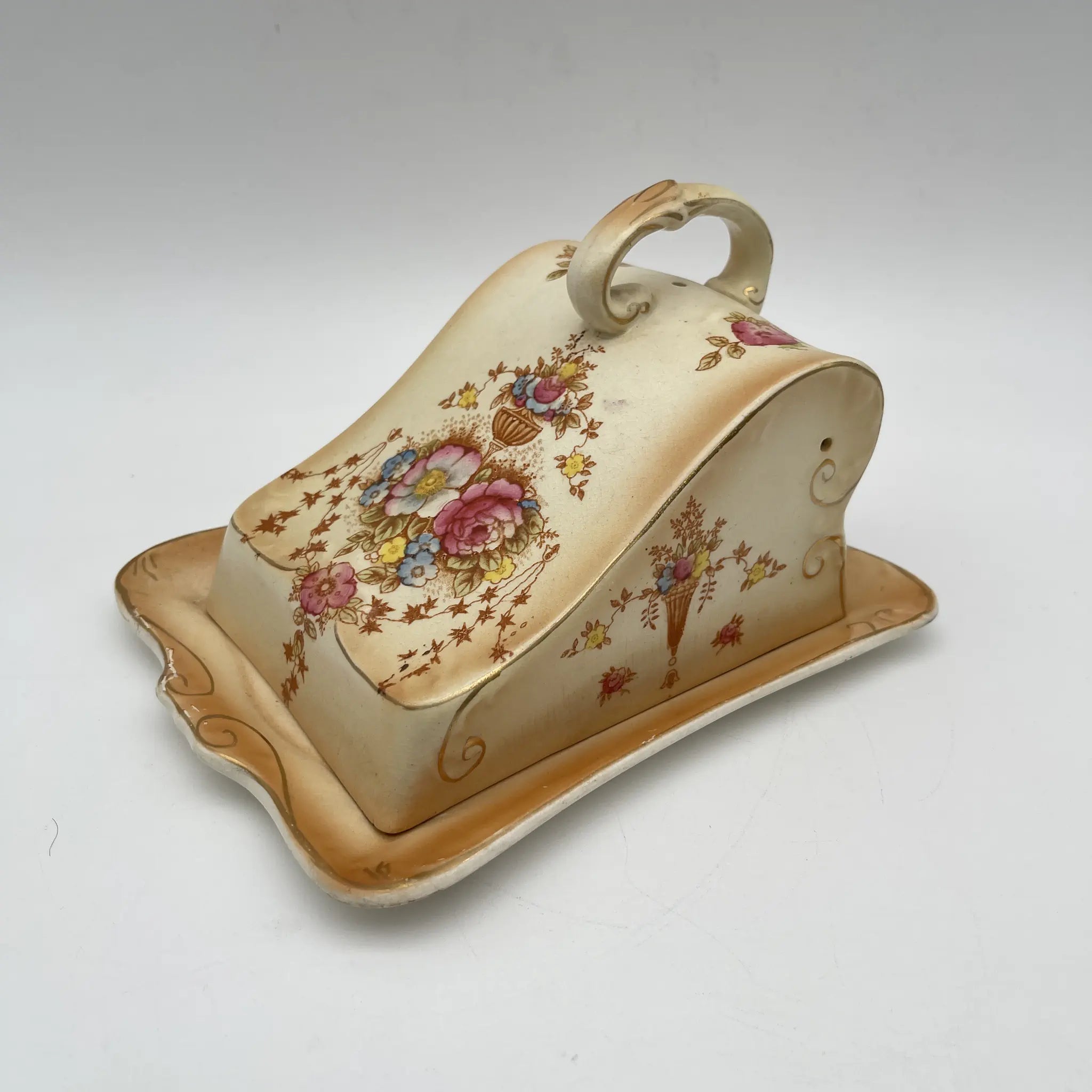 【アンティーク】 チーズ・バターディッシュ (チーズ・バターケース) / Crown Devon (クラウンデボン) / Spring / 1910-1920年代 / 陶器 / イギリス / 銅板転写, 手彩色 金彩