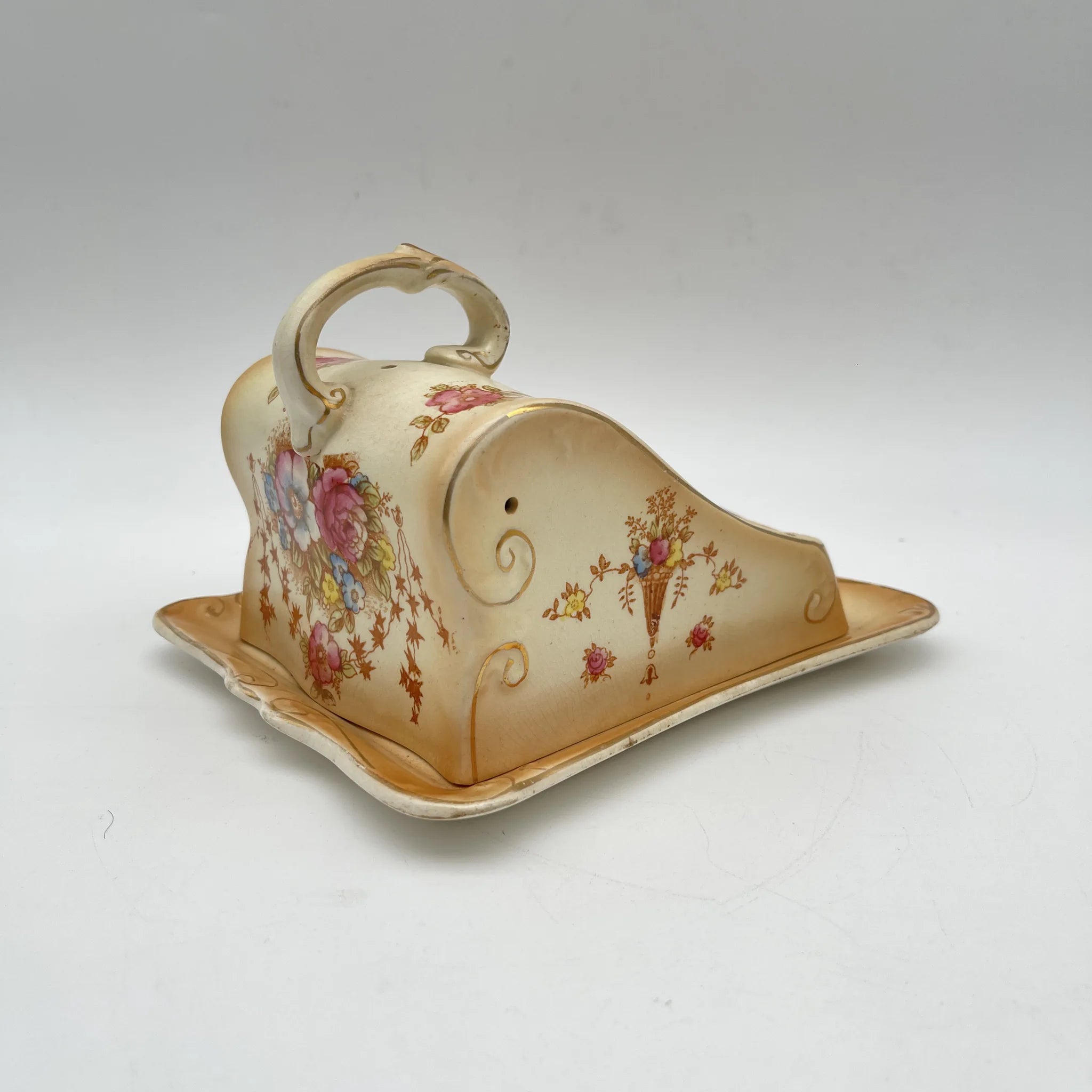 【アンティーク】 チーズ・バターディッシュ (チーズ・バターケース) / Crown Devon (クラウンデボン) / Spring / 1910-1920年代 / 陶器 / イギリス / 銅板転写, 手彩色 金彩