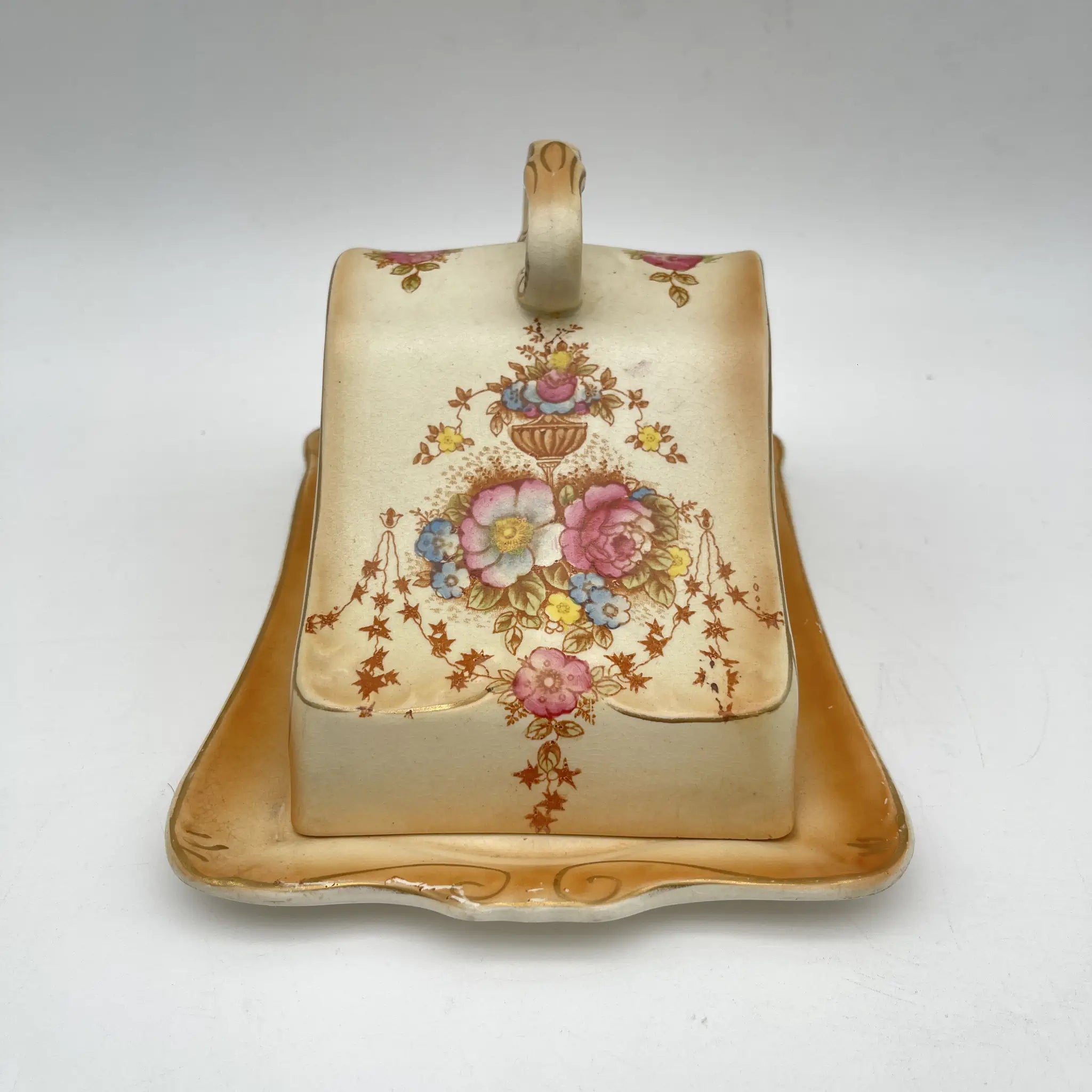 【アンティーク】 チーズ・バターディッシュ (チーズ・バターケース) / Crown Devon (クラウンデボン) / Spring / 1910-1920年代 / 陶器 / イギリス / 銅板転写, 手彩色 金彩