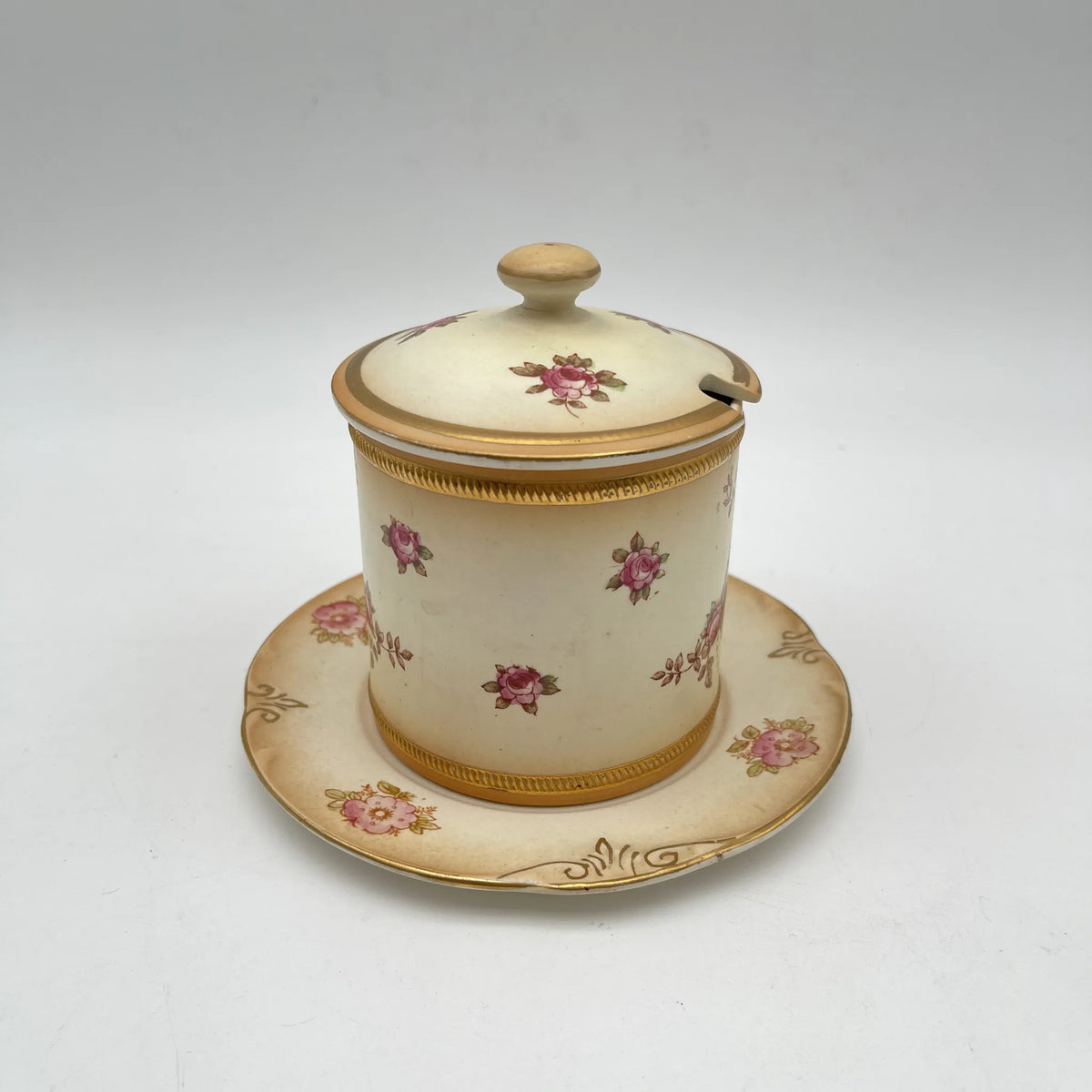 Crown Devon (クラウンデボン) / ジャムポット＆ソーサー(キャニスター) / Etna / 1890-1910年代 / 陶器 / イギリス / ハンドペイント,花柄,英国アンティーク,レトロ,ディスプレイ,キッチン雑貨 / [アンティーク]