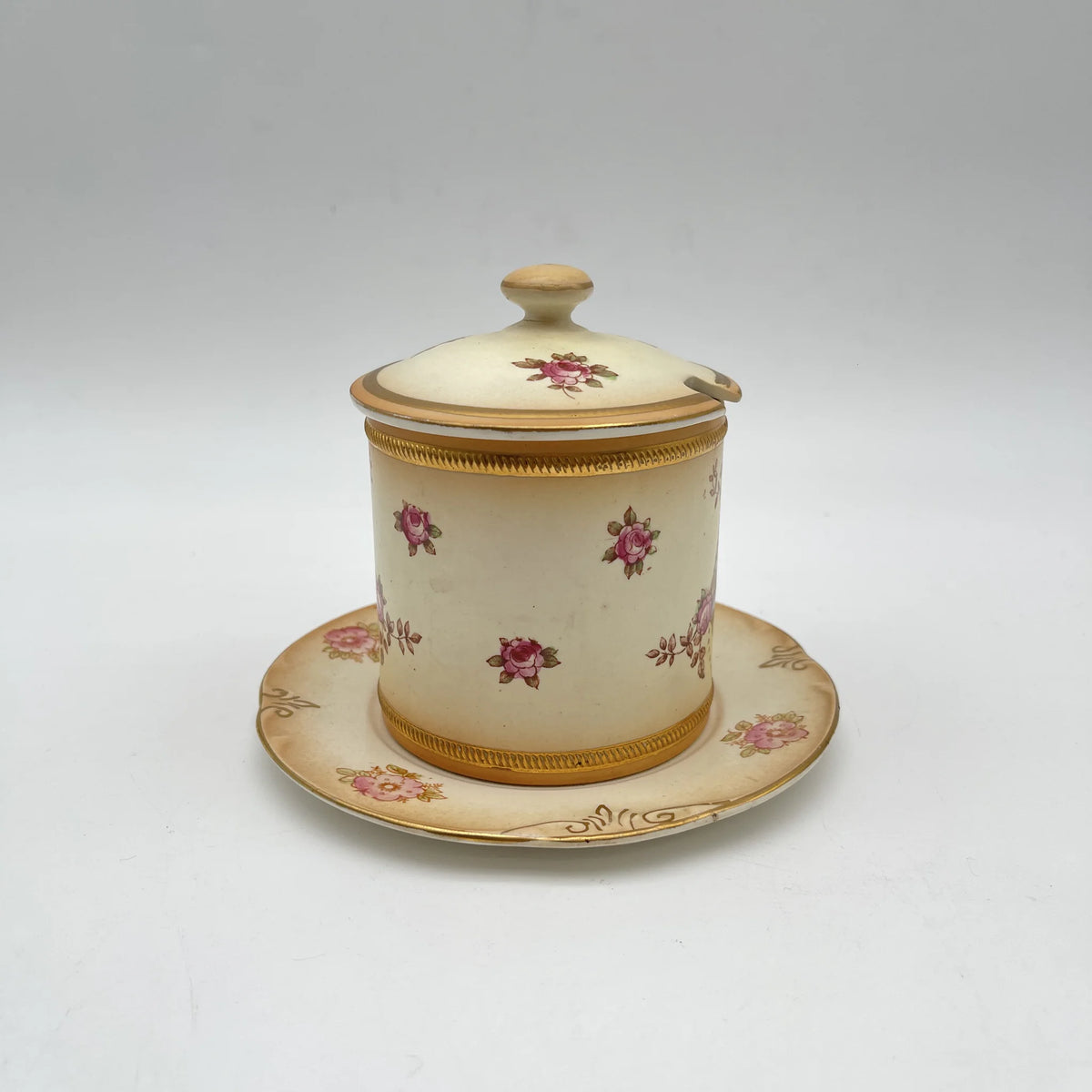 Crown Devon (クラウンデボン) / ジャムポット＆ソーサー(キャニスター) / Etna / 1890-1910年代 / 陶器 / イギリス / ハンドペイント,花柄,英国アンティーク,レトロ,ディスプレイ,キッチン雑貨 / [アンティーク]