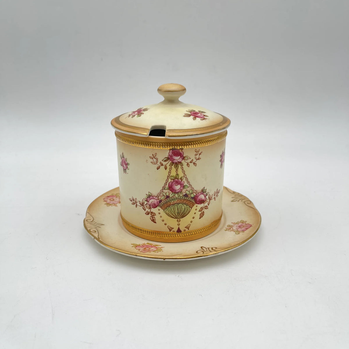 Crown Devon (クラウンデボン) / ジャムポット＆ソーサー(キャニスター) / Etna / 1890-1910年代 / 陶器 / イギリス / ハンドペイント,花柄,英国アンティーク,レトロ,ディスプレイ,キッチン雑貨 / [アンティーク]